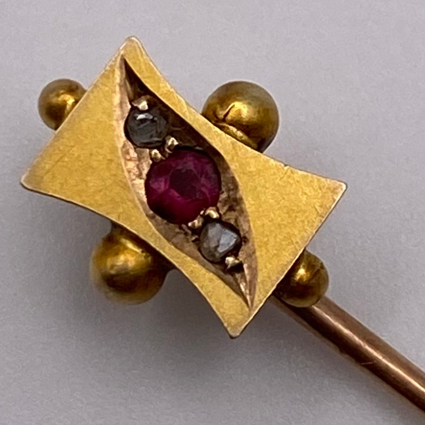 9ct Gold, Diamond & Ruby Stickpin Antique Victorian Chester Hallmarks