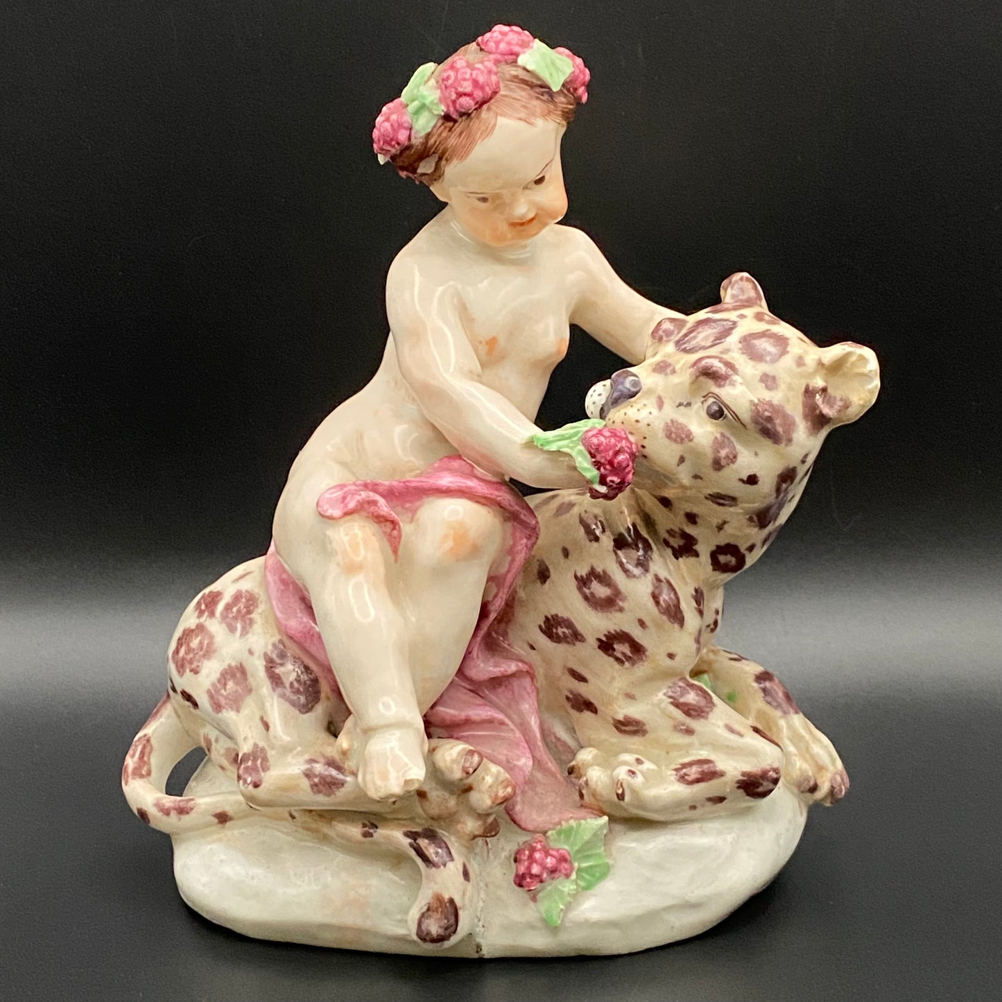Rare Antique 18thc Bow Porcelain Figurine Bacchus & Leopard c1755