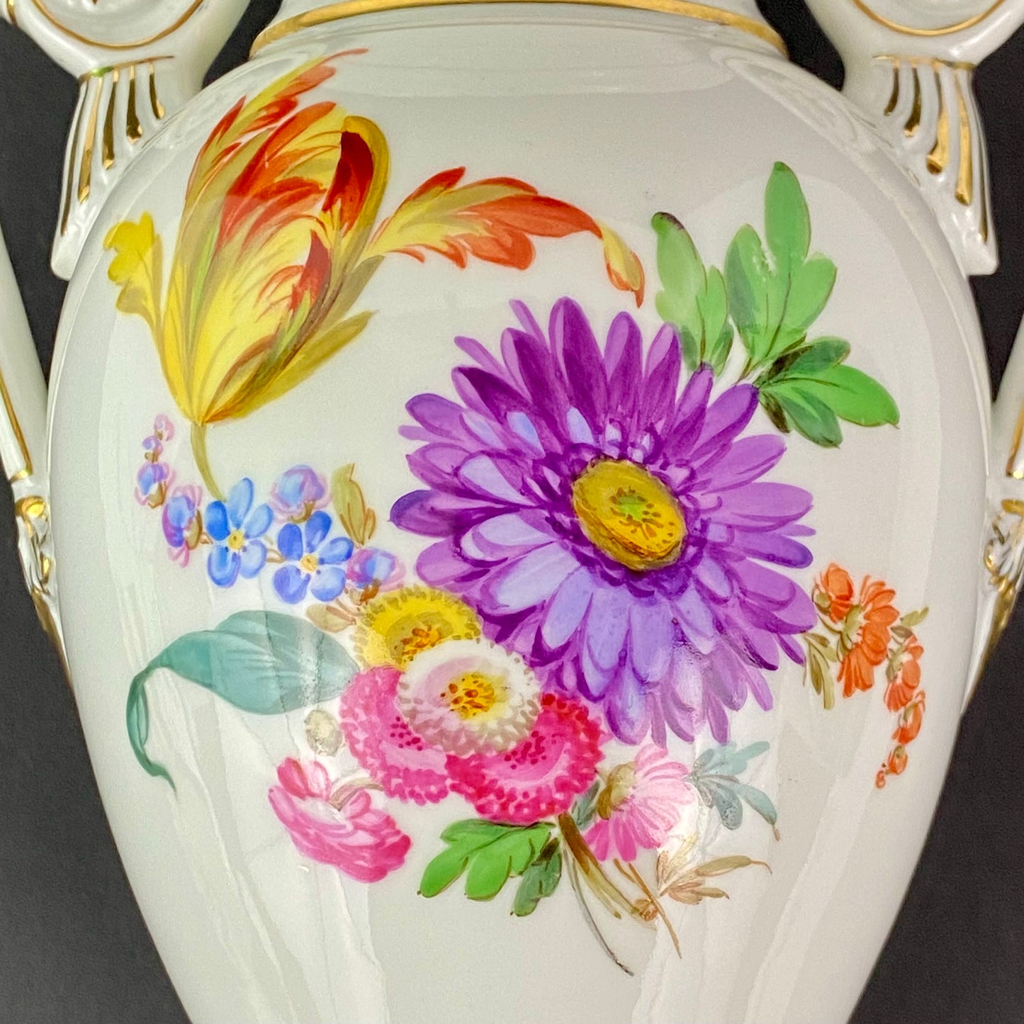 Meissen Amphora Vase Antique Urn 19thc Hand Painted Flowers #U70