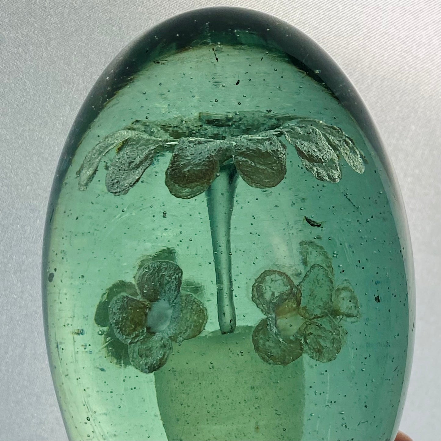 19thc Antique Victorian Dump Glass Paperweight Foil Flower Pot & Flowers