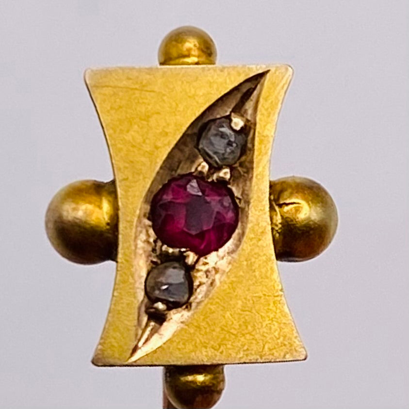 9ct Gold, Diamond & Ruby Stickpin Antique Victorian Chester Hallmarks