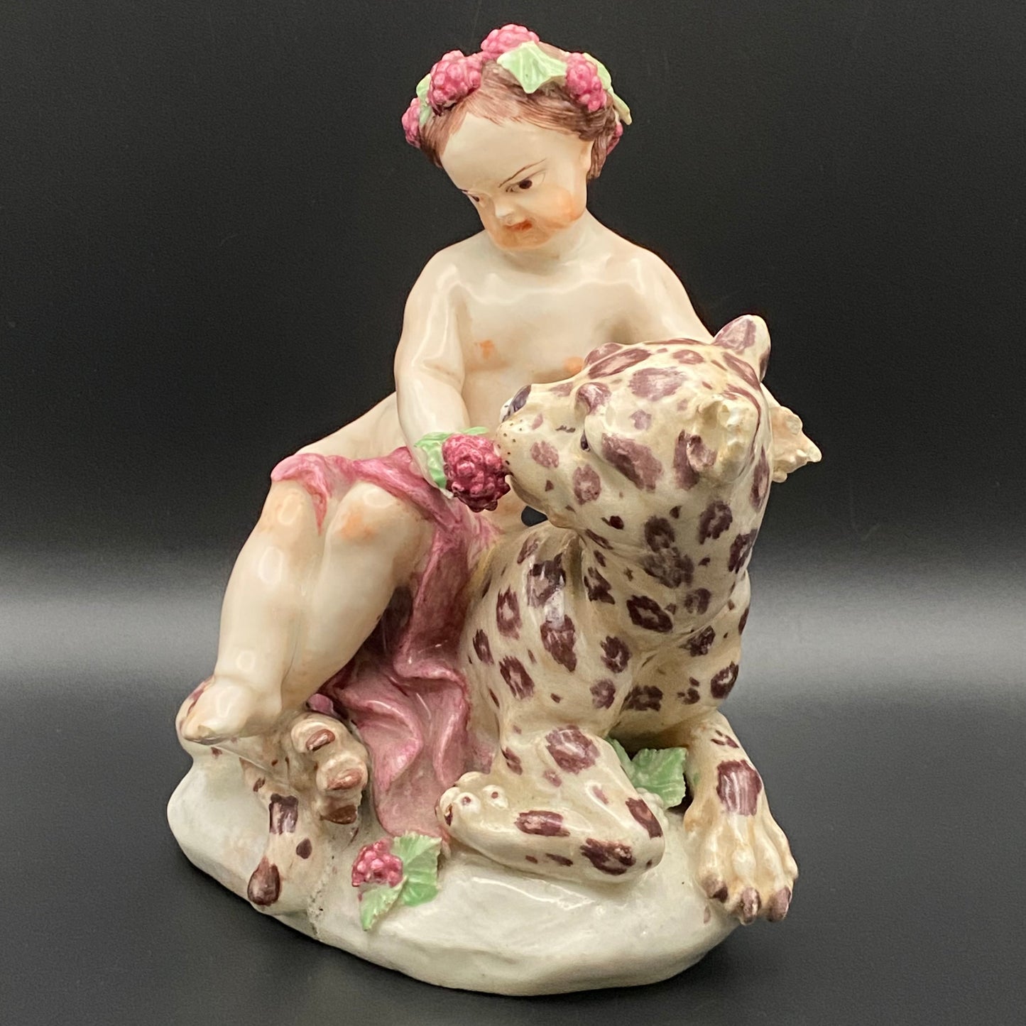 Rare Antique 18thc Bow Porcelain Figurine Bacchus & Leopard c1755