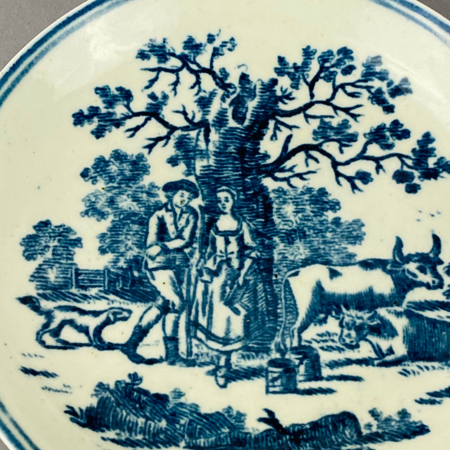 Antique Liverpool Porcelain Tea bowl Cup & Saucer Gainsborough Rural Lovers 18thc