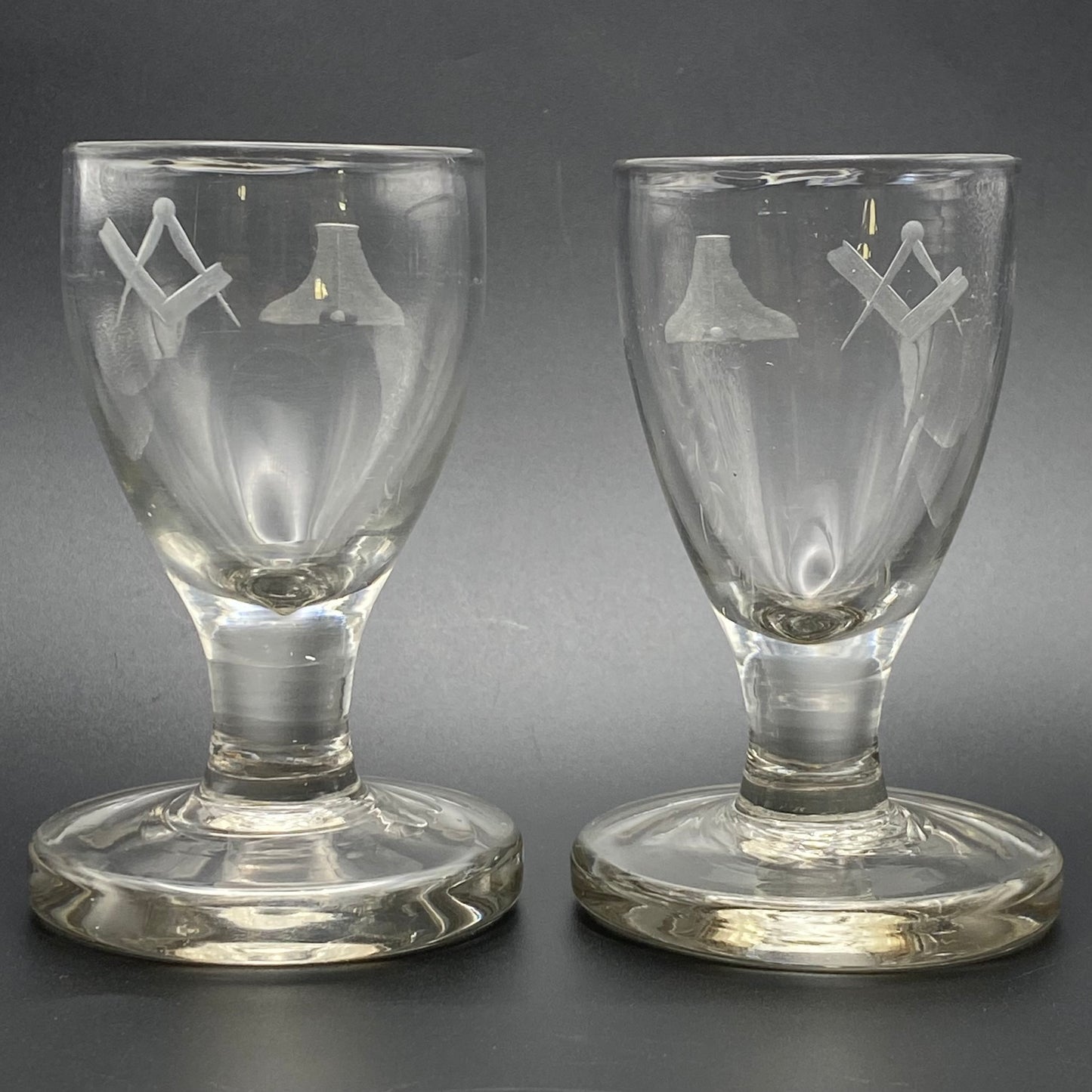 Pair of Masonic Firing Glasses c1760 Antique Engraved Level Square & Compasses