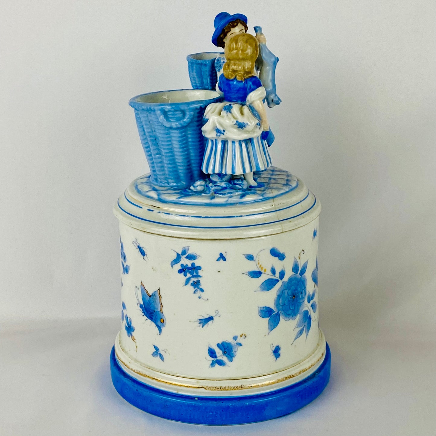 18thC Antique Continental Figural Tobacco Jar with Match Holder/Striker