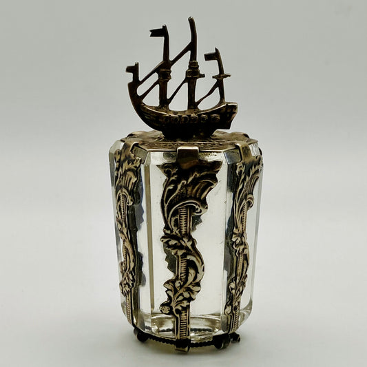 19thc Antique Dutch Silver Ship & Friendship Coin & Glass Bottle Stopper