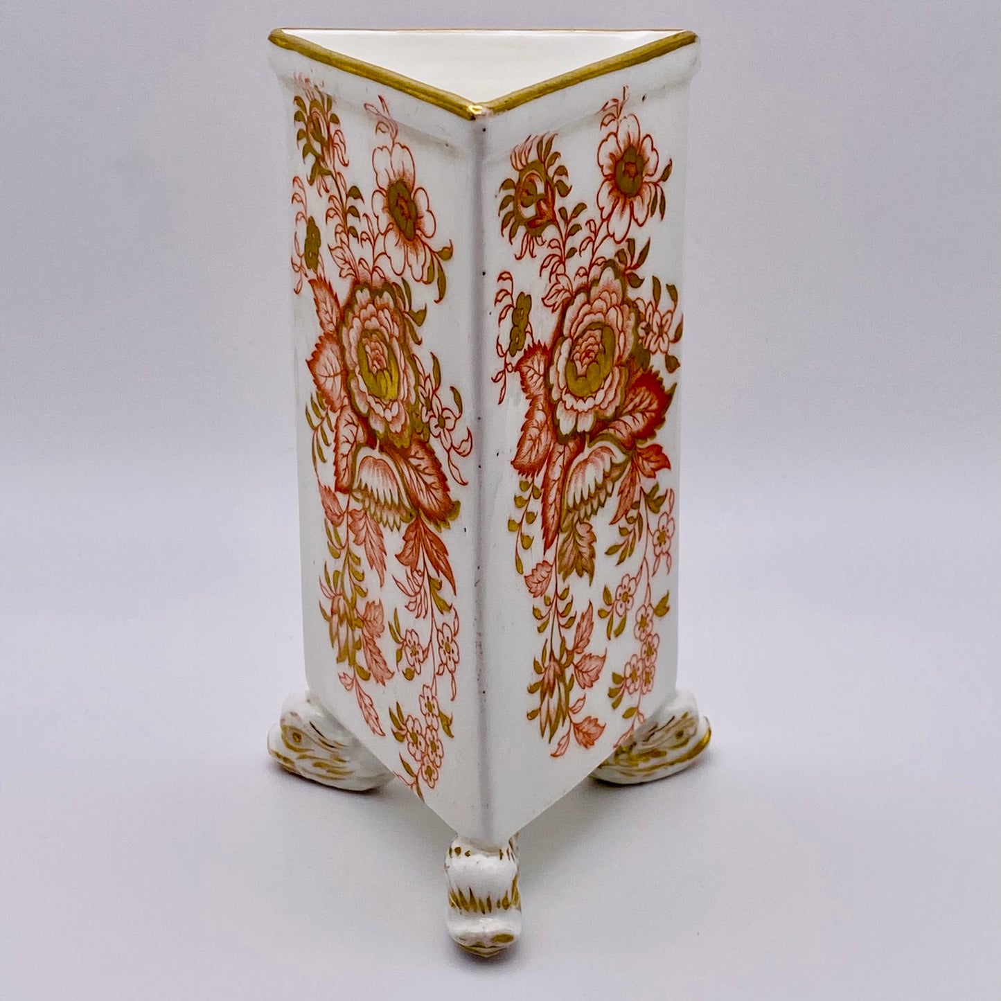 19thc Rococo Derby Porcelain Vase Triangular Form Mythical Dolphin Feet