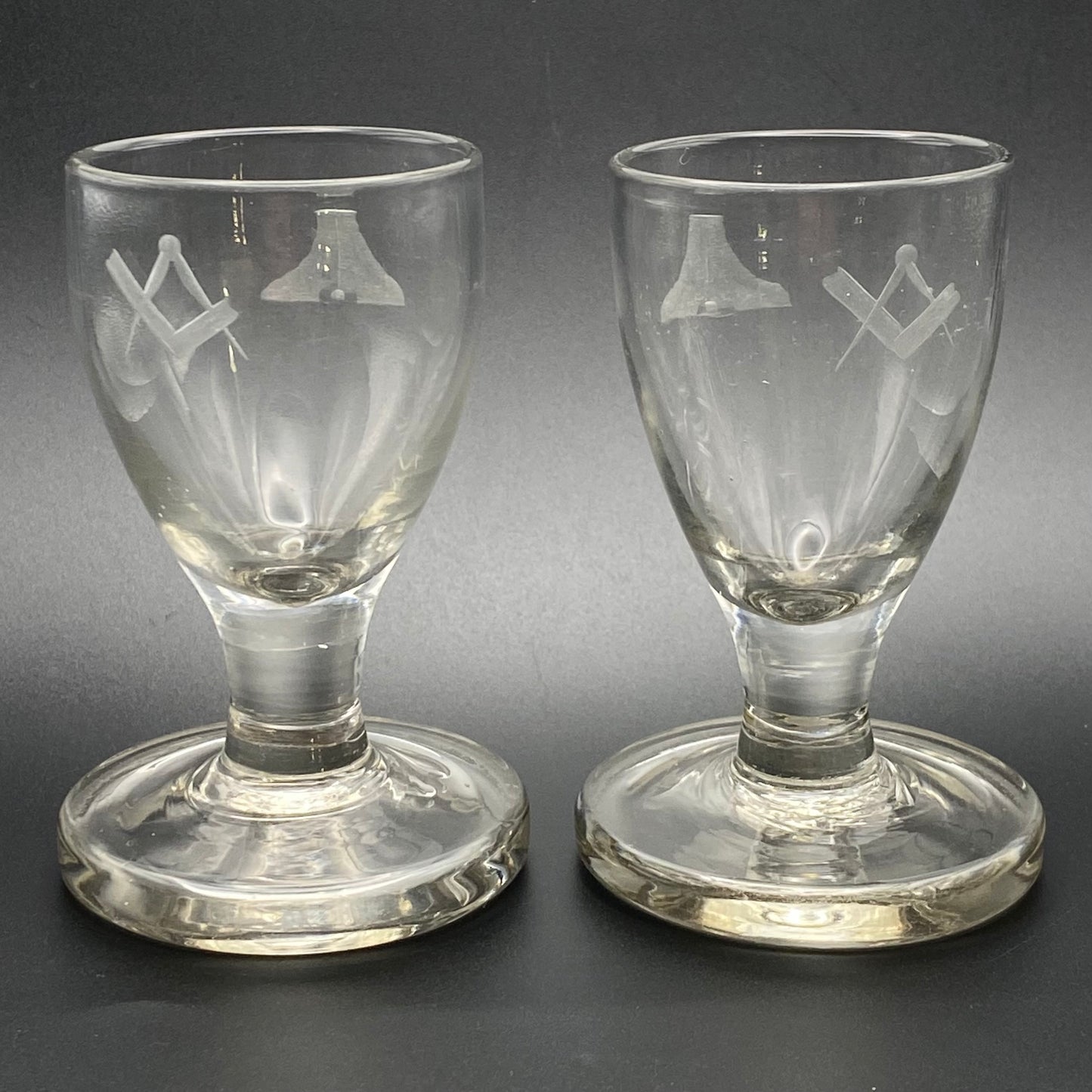 Pair of Masonic Firing Glasses c1760 Antique Engraved Level Square & Compasses