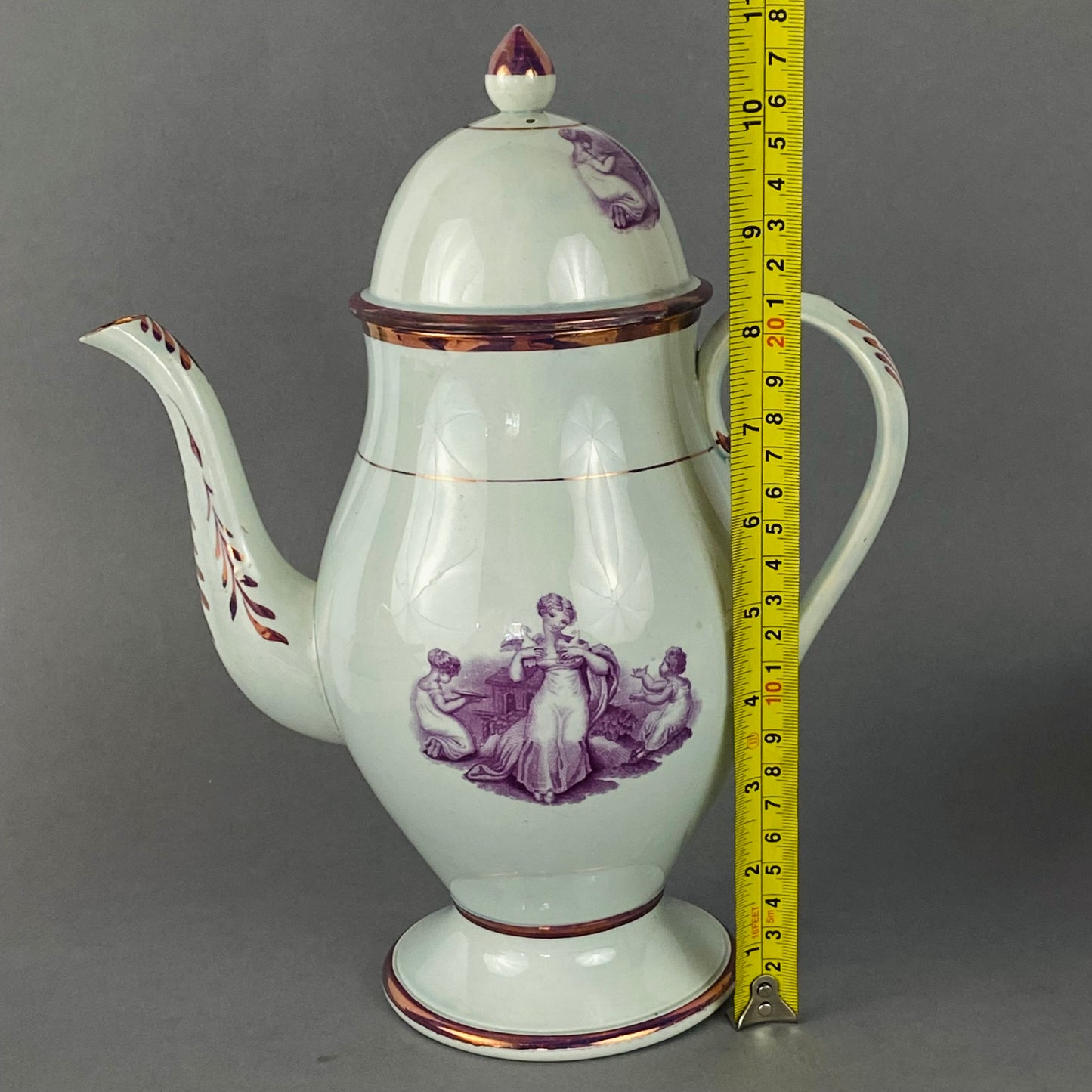 Antique Leeds Pearlware Pink Lustre Coffee Pot with Puce Transfer 18thc English