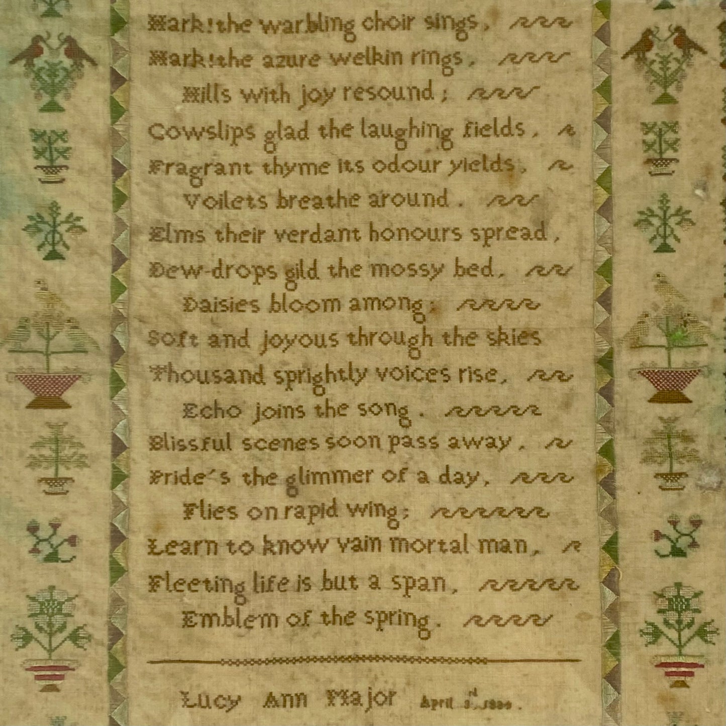 Antique Embroidery Needlework Sampler April 3rd 1834 Victorian Poetry English by Lucy Ann Major