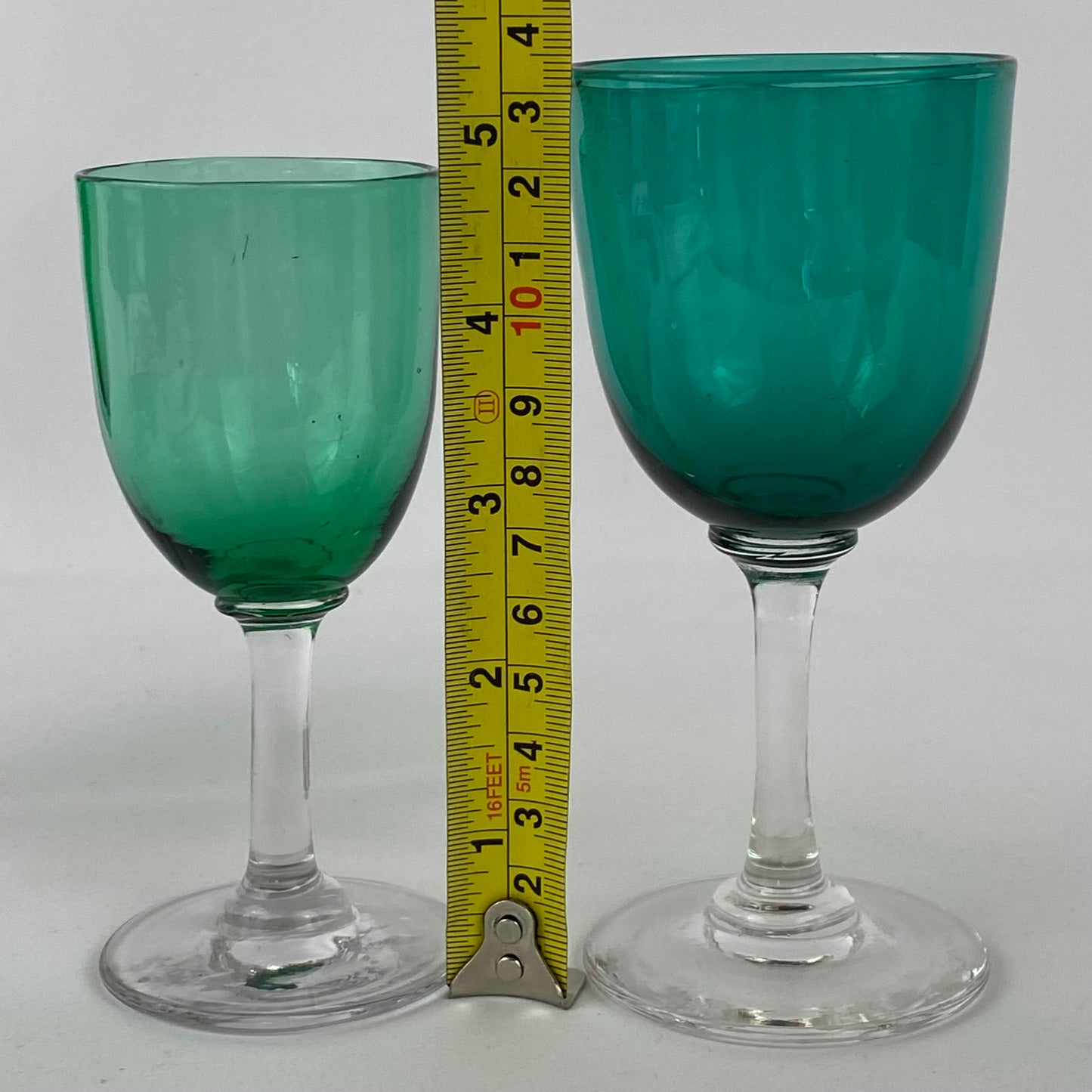 8 Antique Emerald Green Small Wine / Sherry Glass Clear Stem Bristol Studio