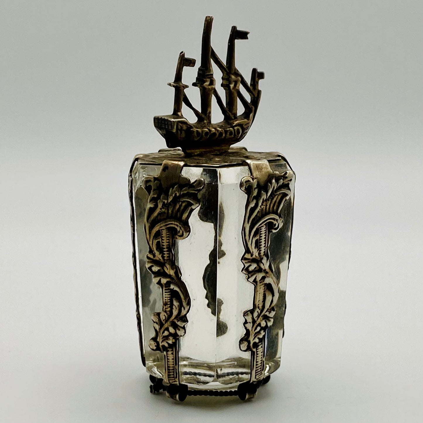 19thc Antique Dutch Silver Ship & Friendship Coin & Glass Bottle Stopper
