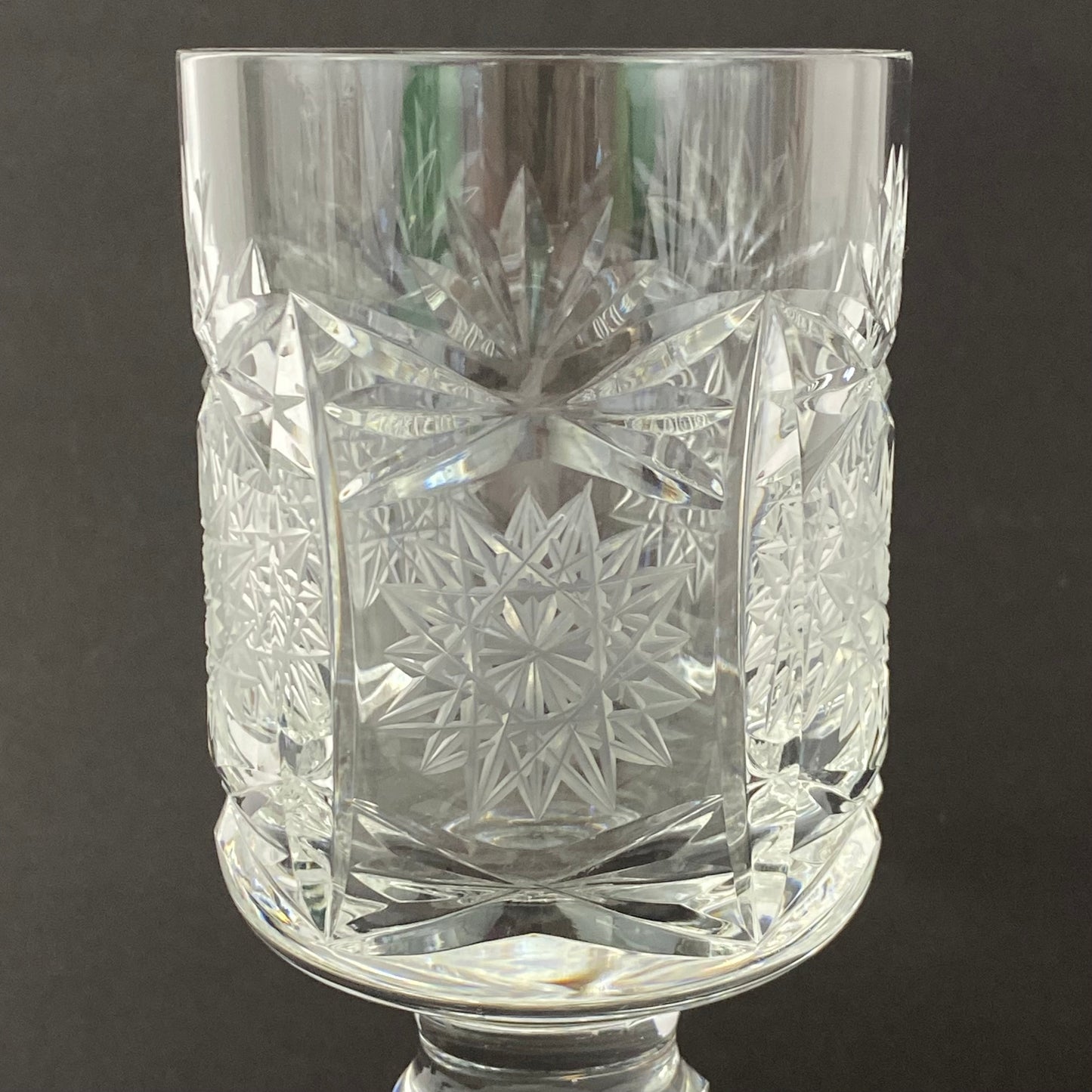 Six Chalice Glass Goblets Bohemian Cut Star & Fan Heavy VTG Hand Cut Crystal