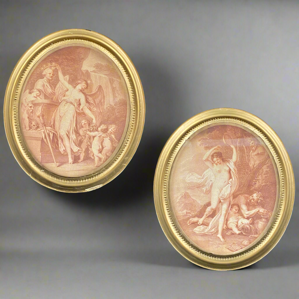 18thc Antique Pair of Oval Engravings by Bartolozzi c1781 aft Cipriani & Amiconi