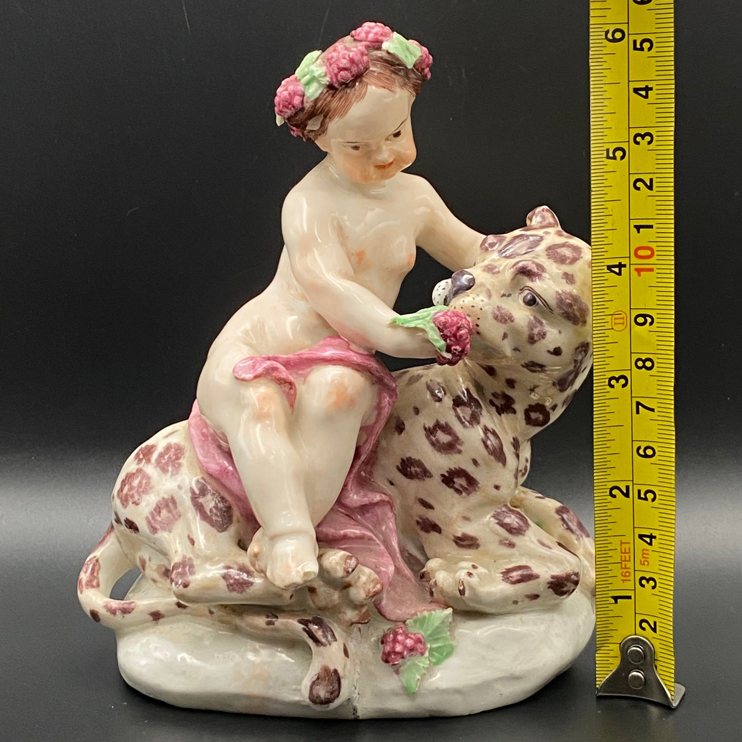 Rare Antique 18thc Bow Porcelain Figurine Bacchus & Leopard c1755