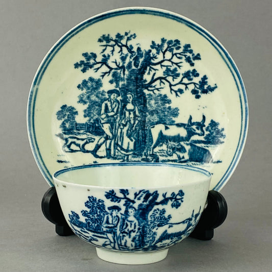 Antique Liverpool Porcelain Tea bowl Cup & Saucer Gainsborough Rural Lovers 18thc