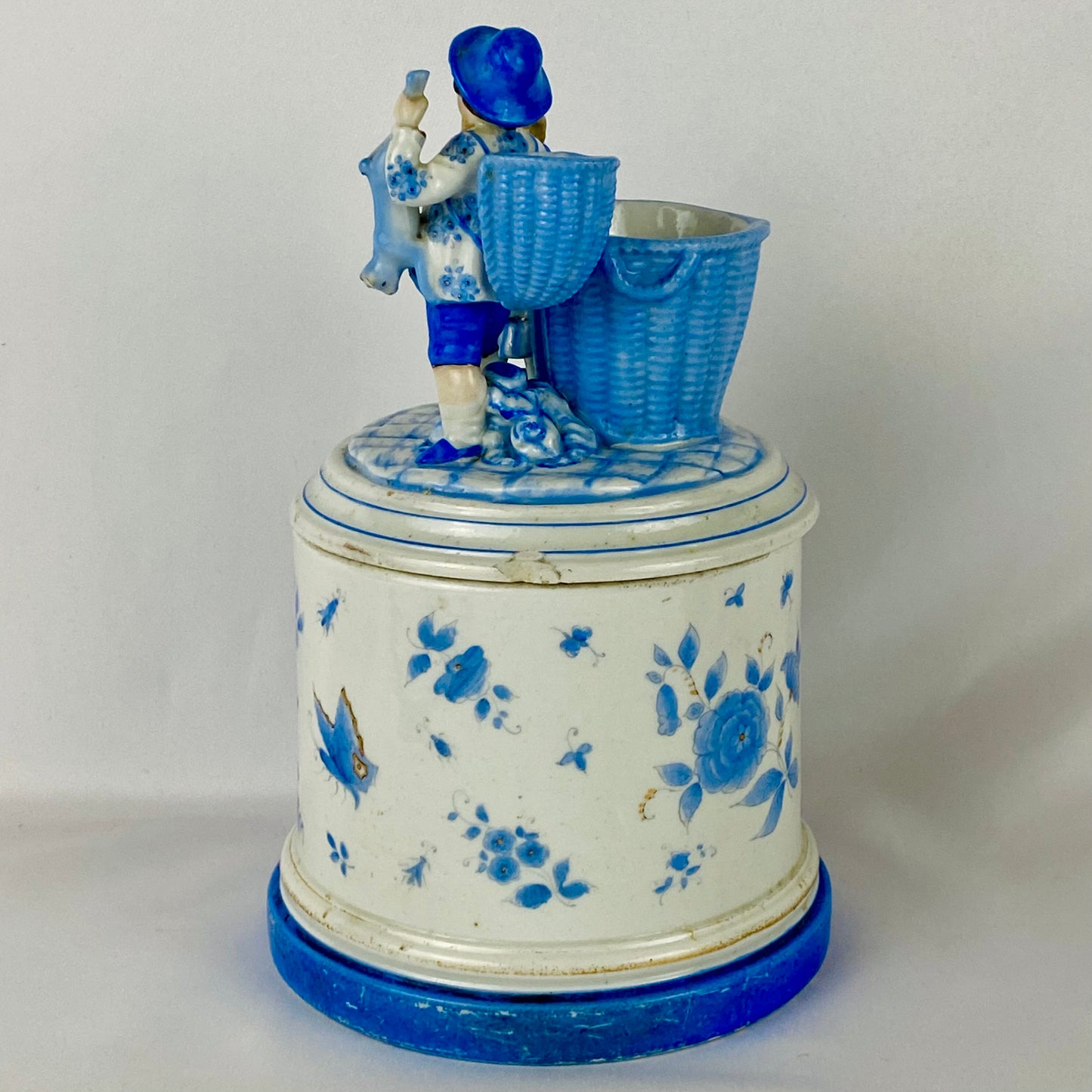 18thC Antique Continental Figural Tobacco Jar with Match Holder/Striker
