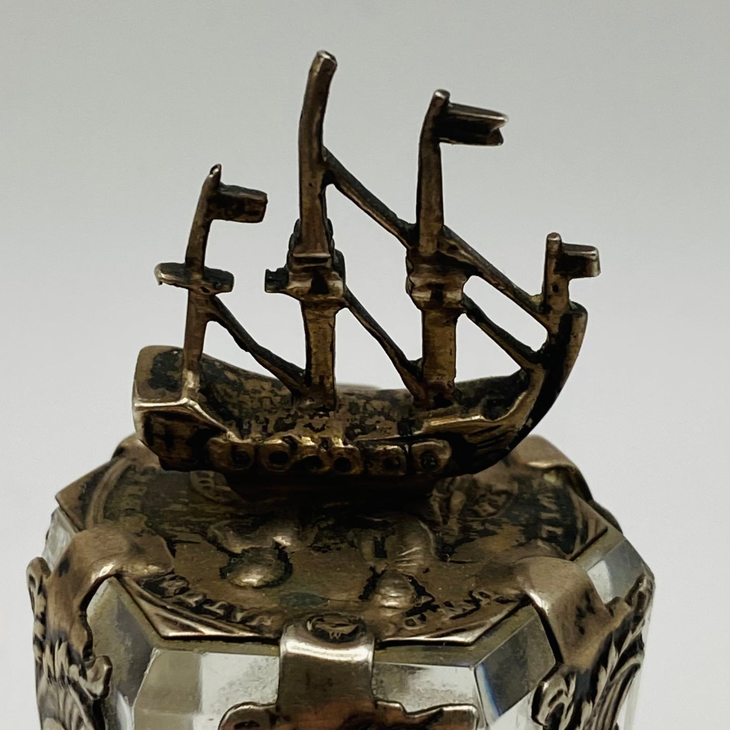 19thc Antique Dutch Silver Ship & Friendship Coin & Glass Bottle Stopper