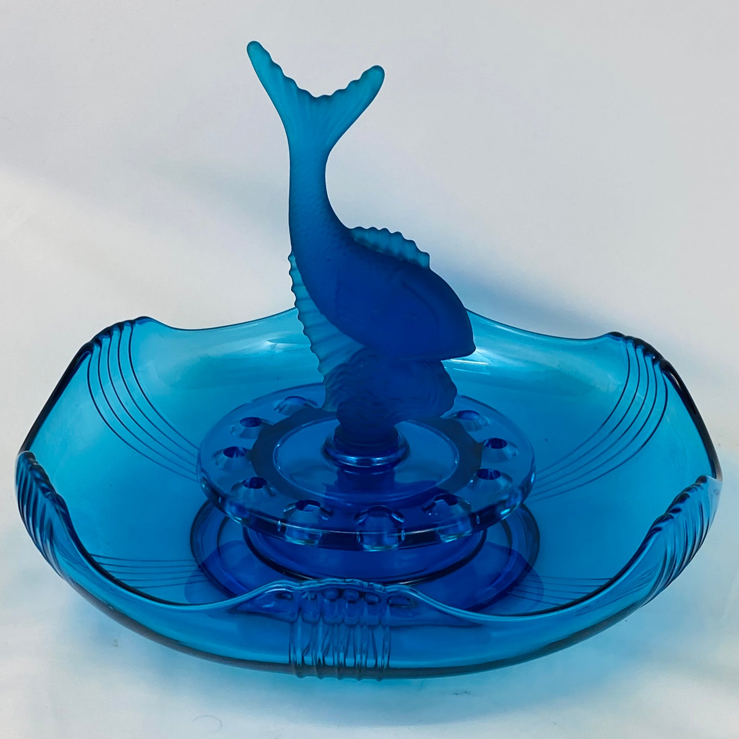 Art Deco Antique Czech Turquoise Glass Fish Flower Bowl Poisson Volant Fish