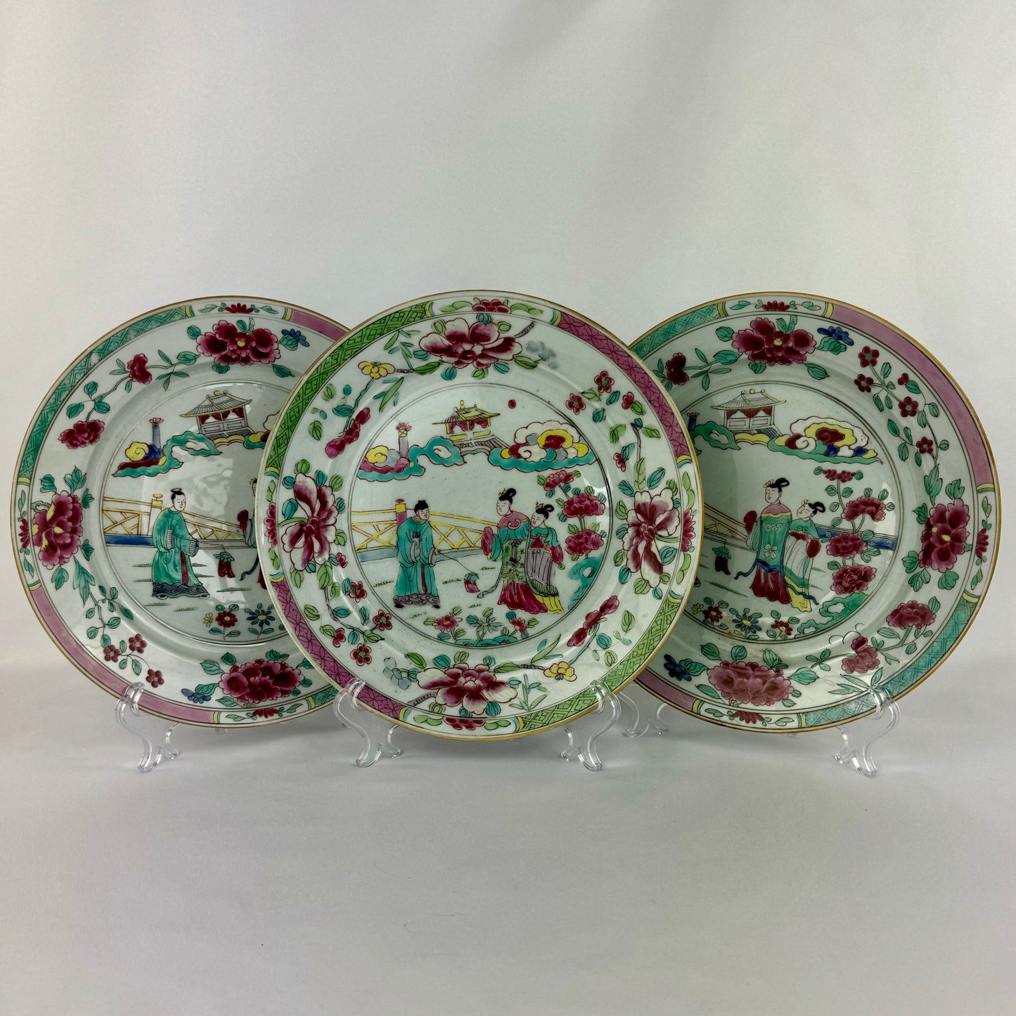 3 Qianlong Antique Chinese Plates Famille Rose The Romance of The Western Chamber