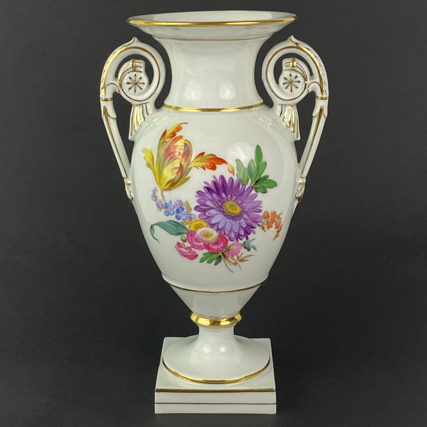 Meissen Amphora Vase Antique Urn 19thc Hand Painted Flowers #U70