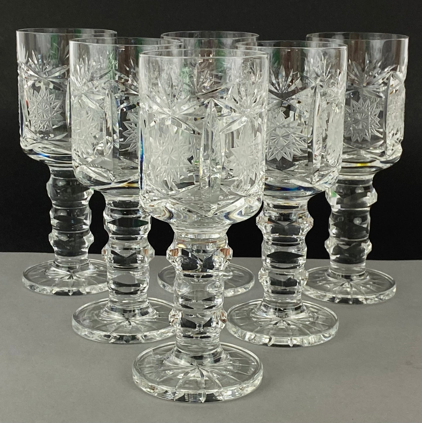 Six Chalice Glass Goblets Bohemian Cut Star & Fan Heavy VTG Hand Cut Crystal