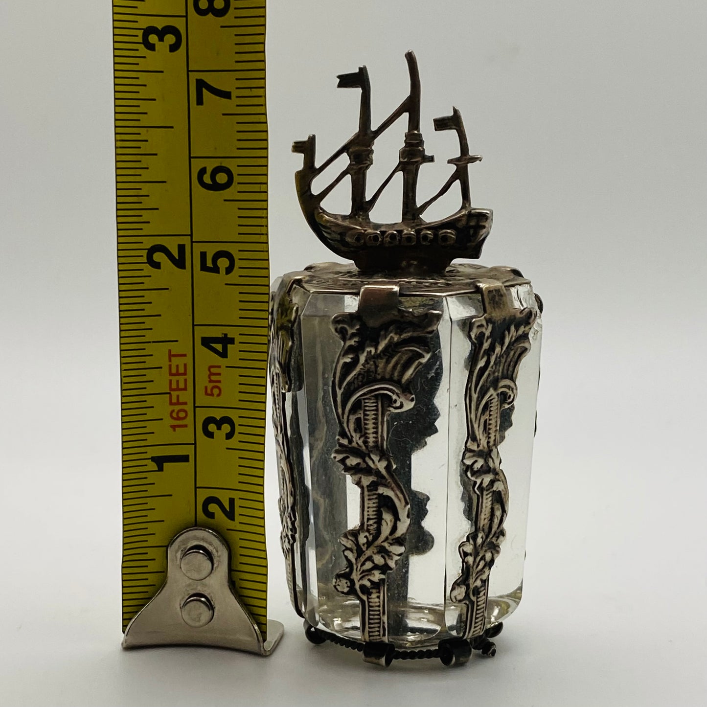 19thc Antique Dutch Silver Ship & Friendship Coin & Glass Bottle Stopper