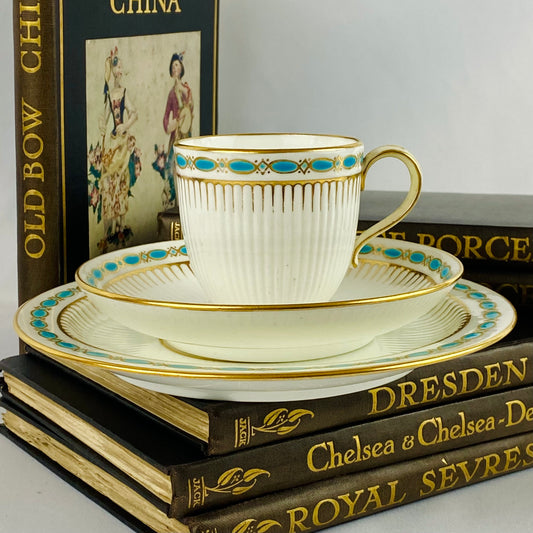 c1860 Minton Antique Trio Turquoise Gold Porcelain Cup Saucer & Side Plate A2957