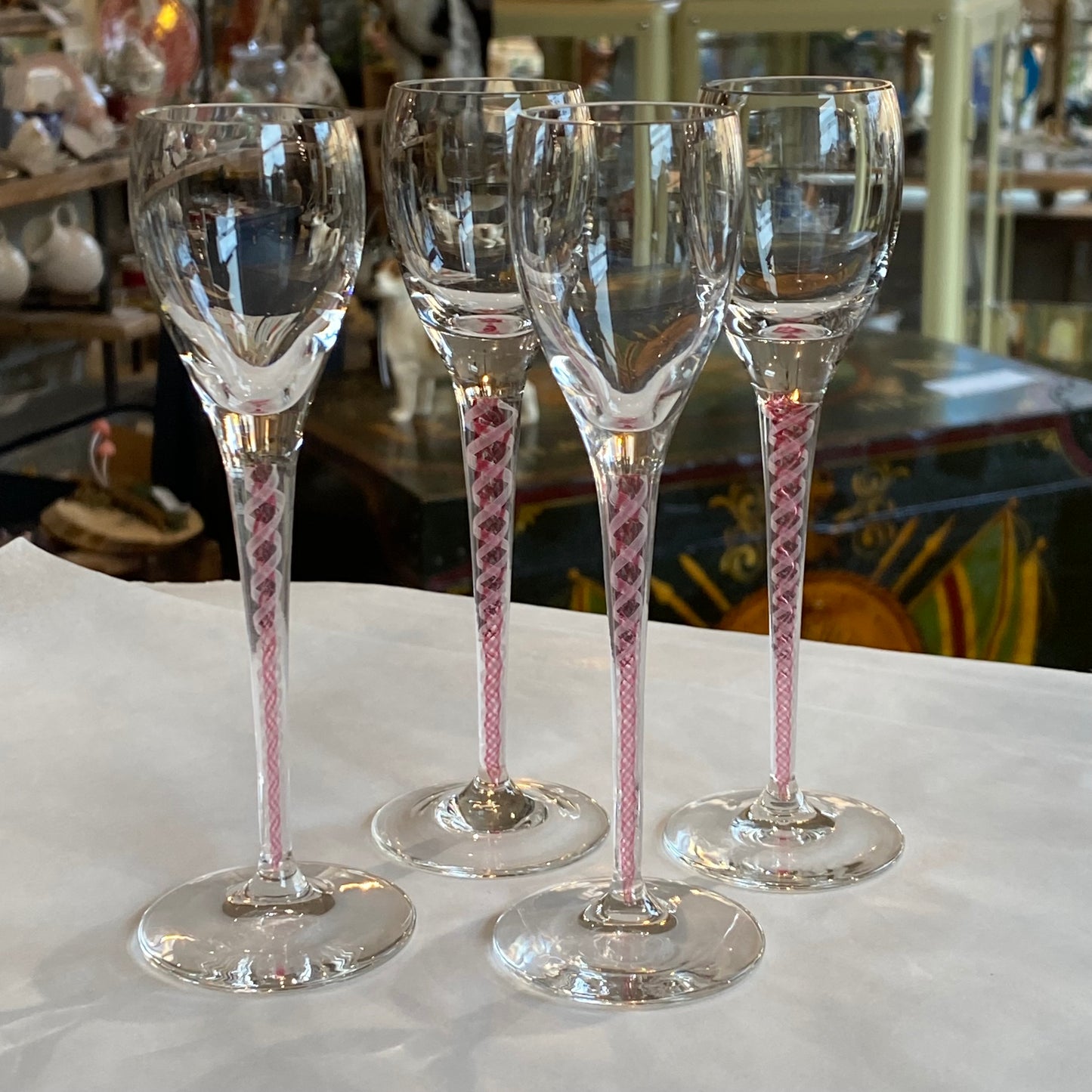4 x Antique Josephinehutte Liqueur Glasses Bohemian Engraved Red & White Air Twist