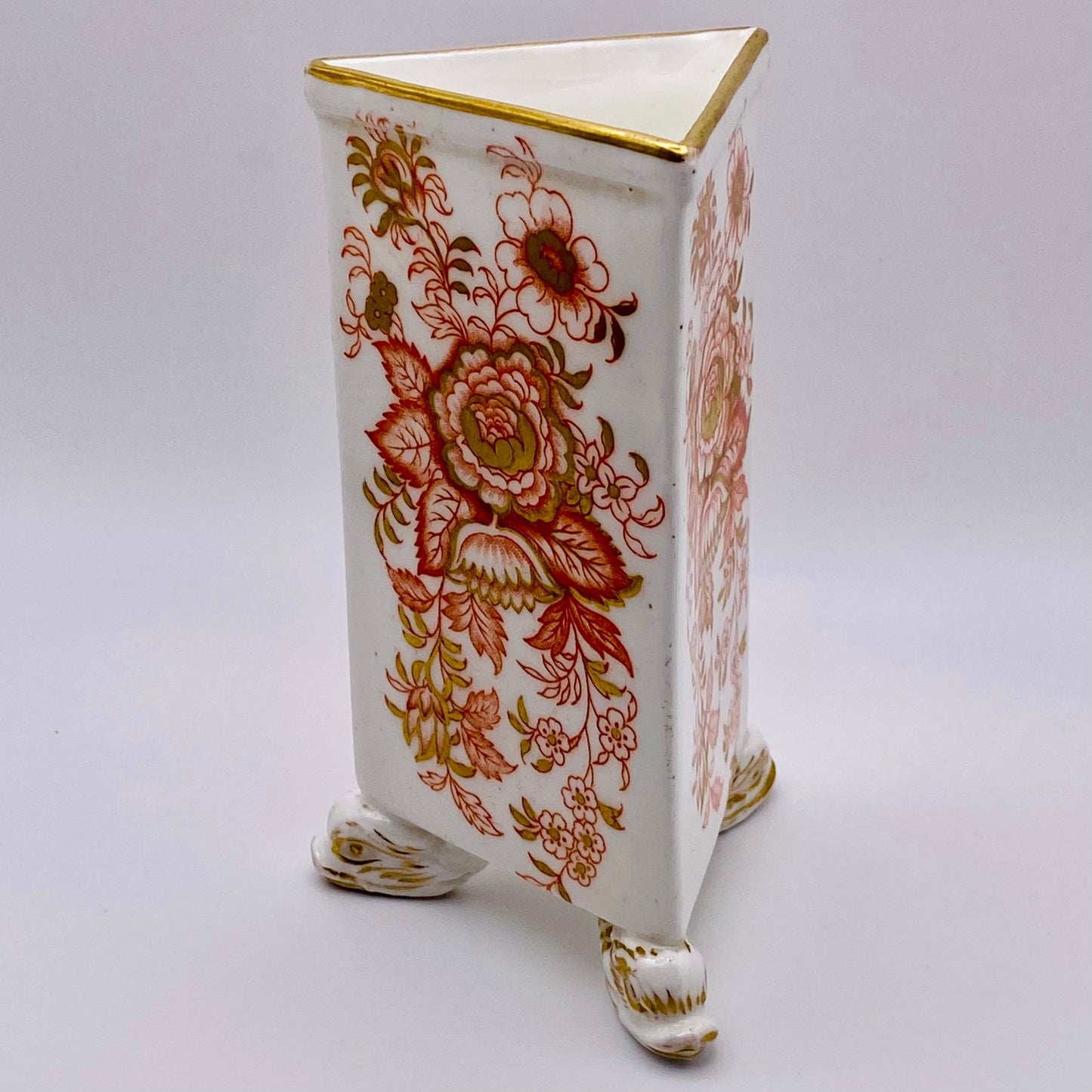 19thc Rococo Derby Porcelain Vase Triangular Form Mythical Dolphin Feet