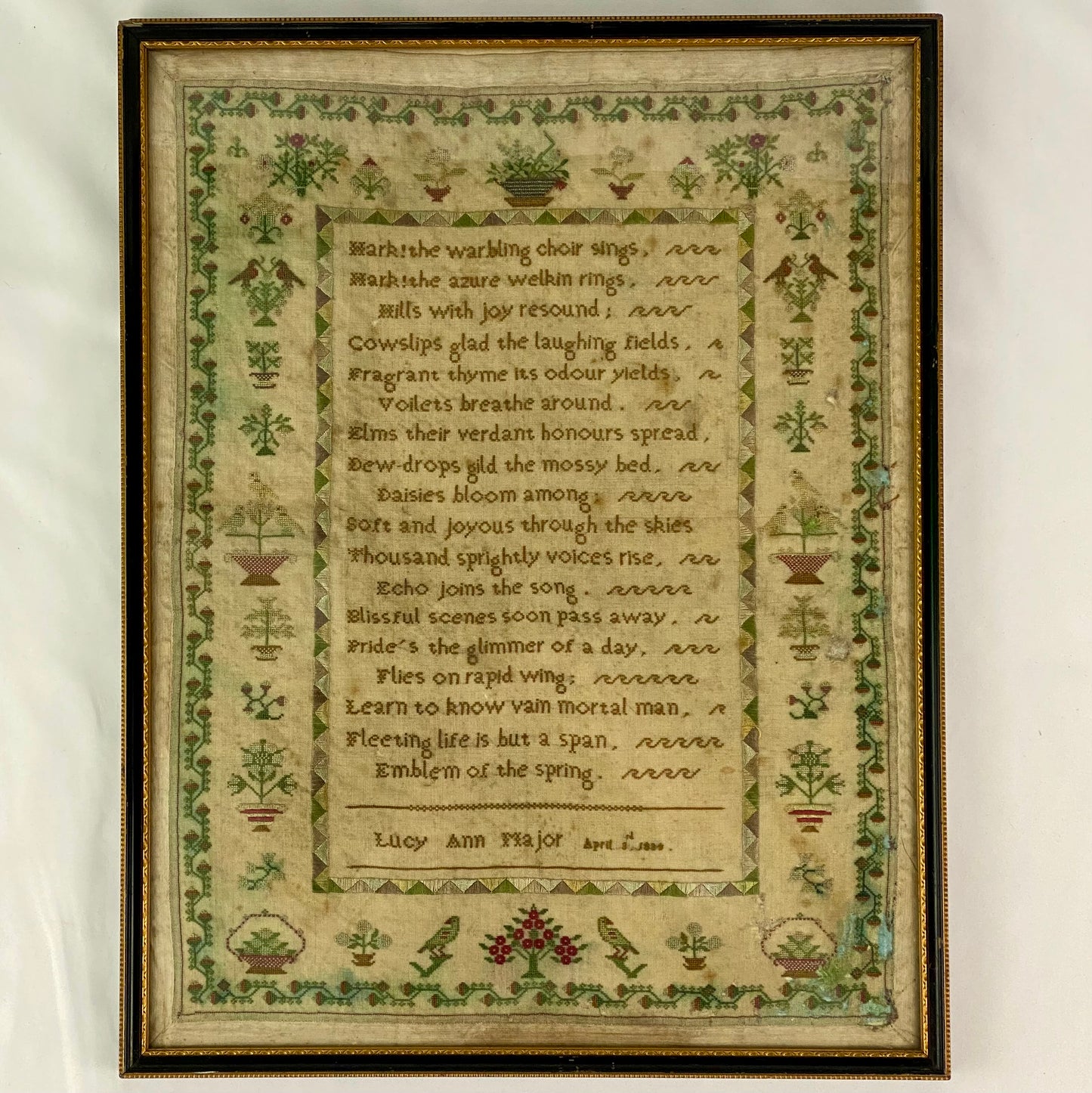 Antique Embroidery Needlework Sampler April 3rd 1834 Victorian Poetry English by Lucy Ann Major