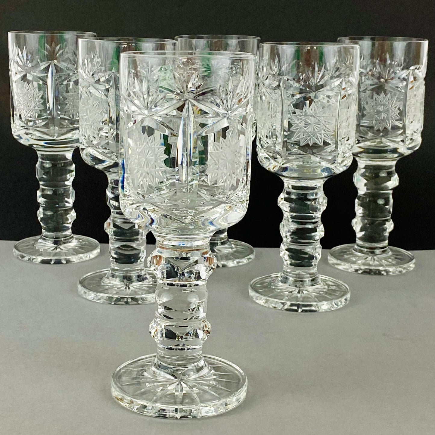 Six Chalice Glass Goblets Bohemian Cut Star & Fan Heavy VTG Hand Cut Crystal