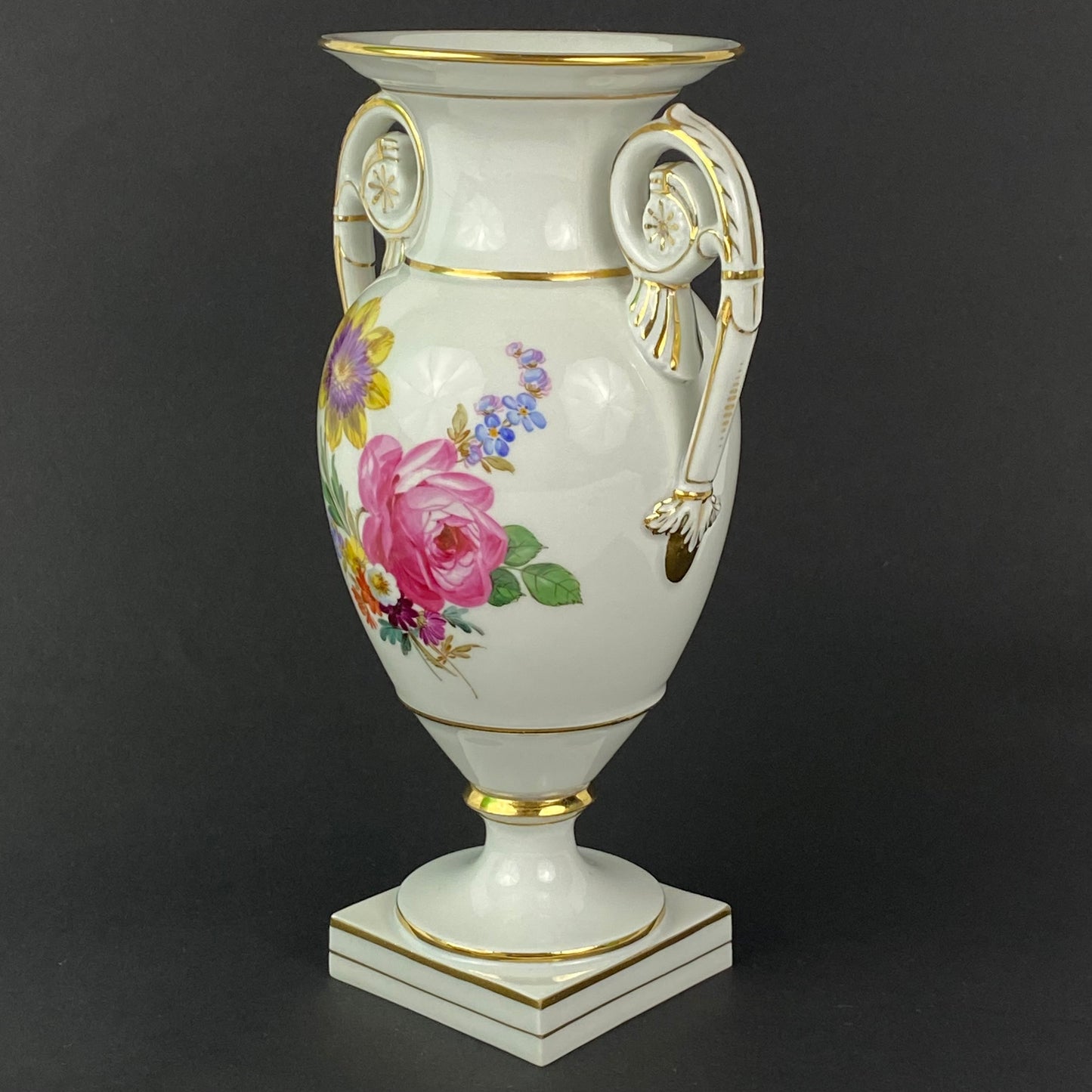 Meissen Amphora Vase Antique Urn 19thc Hand Painted Flowers #U70