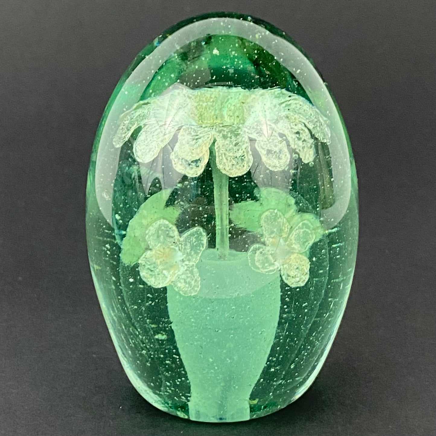 19thc Antique Victorian Dump Glass Paperweight Foil Flower Pot & Flowers