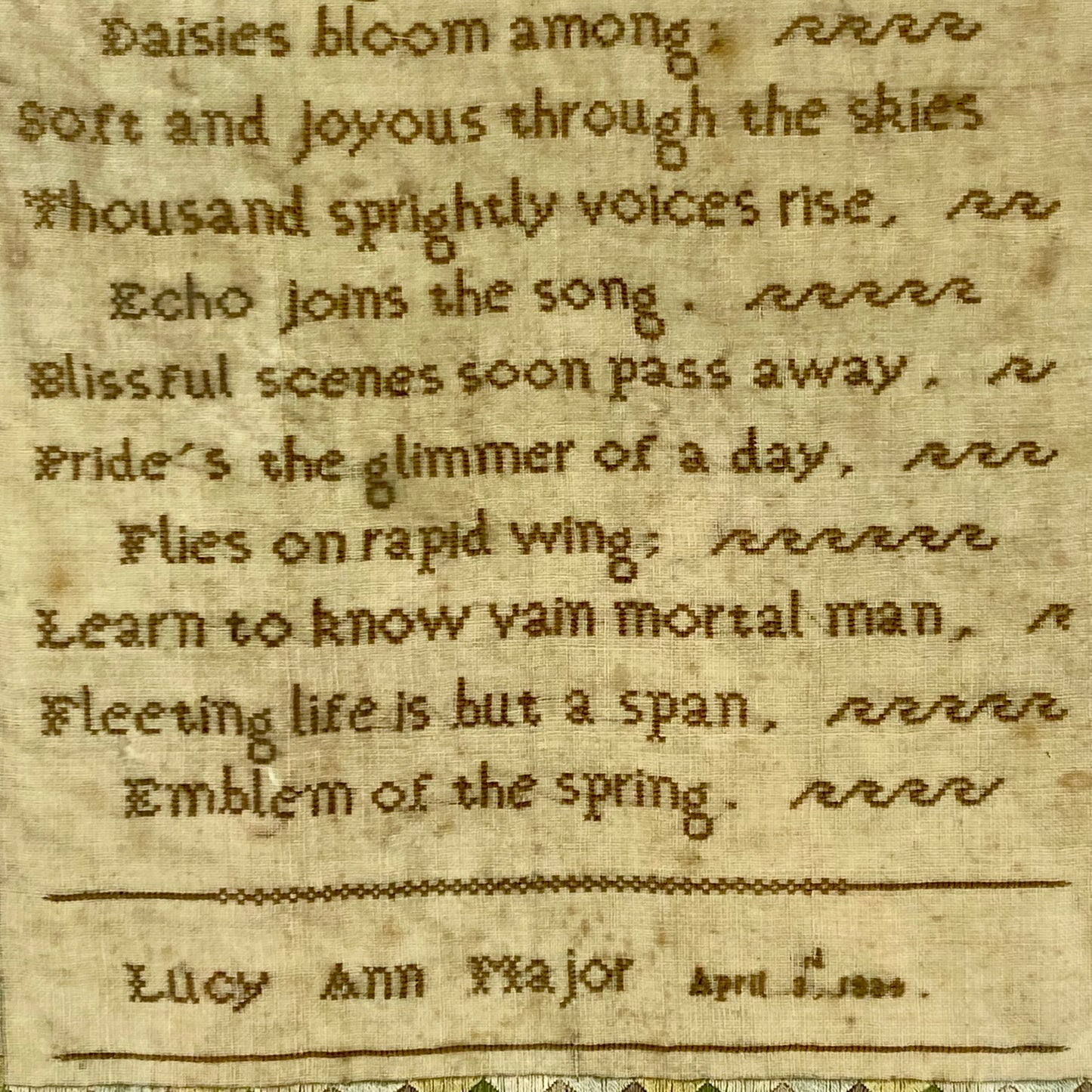 Antique Embroidery Needlework Sampler April 3rd 1834 Victorian Poetry English by Lucy Ann Major