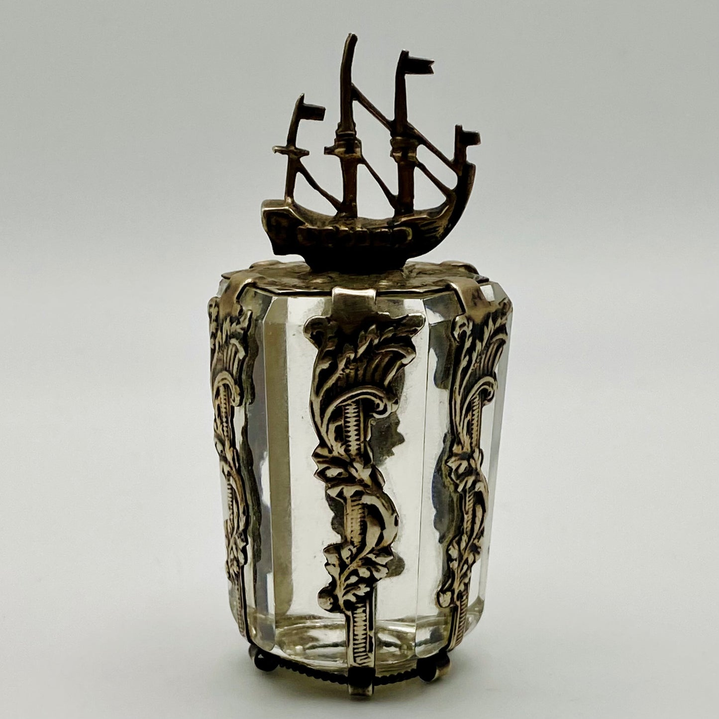 19thc Antique Dutch Silver Ship & Friendship Coin & Glass Bottle Stopper