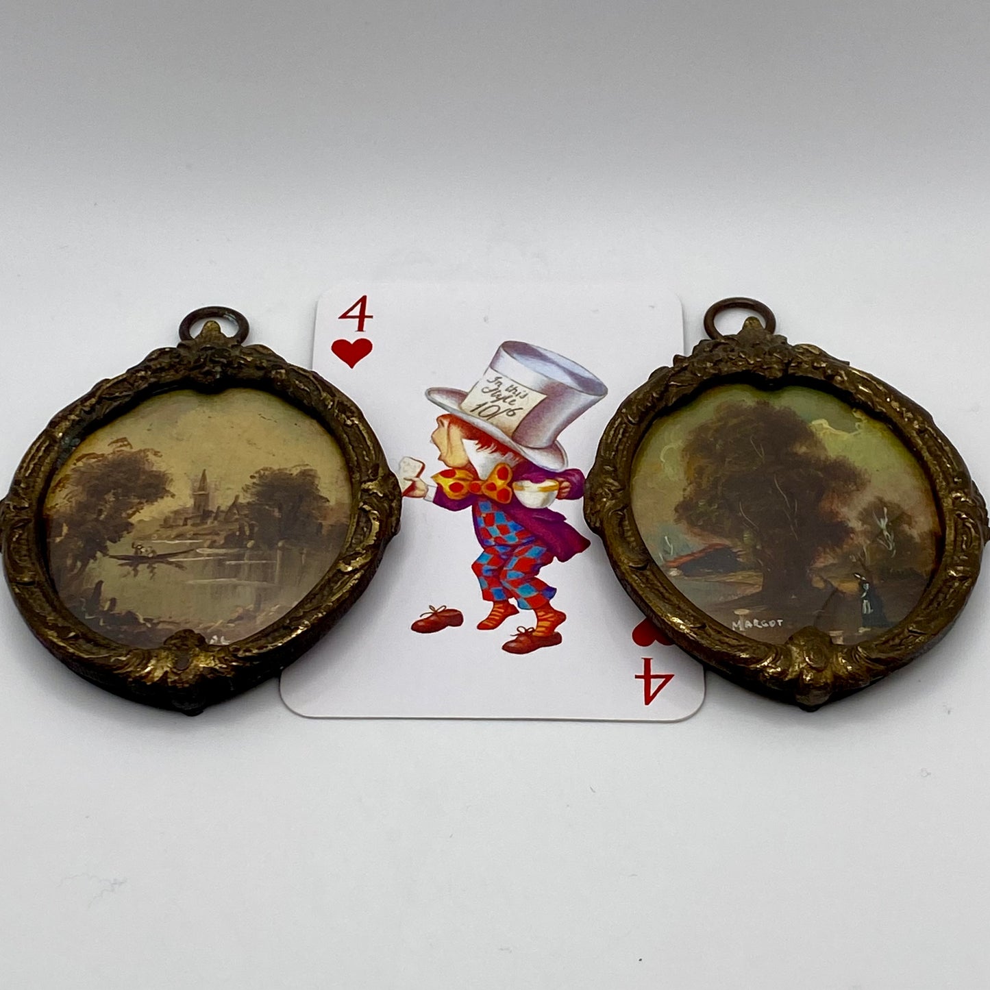 Antique Pair of 19th Century Brass Framed Miniature Oil Paintings