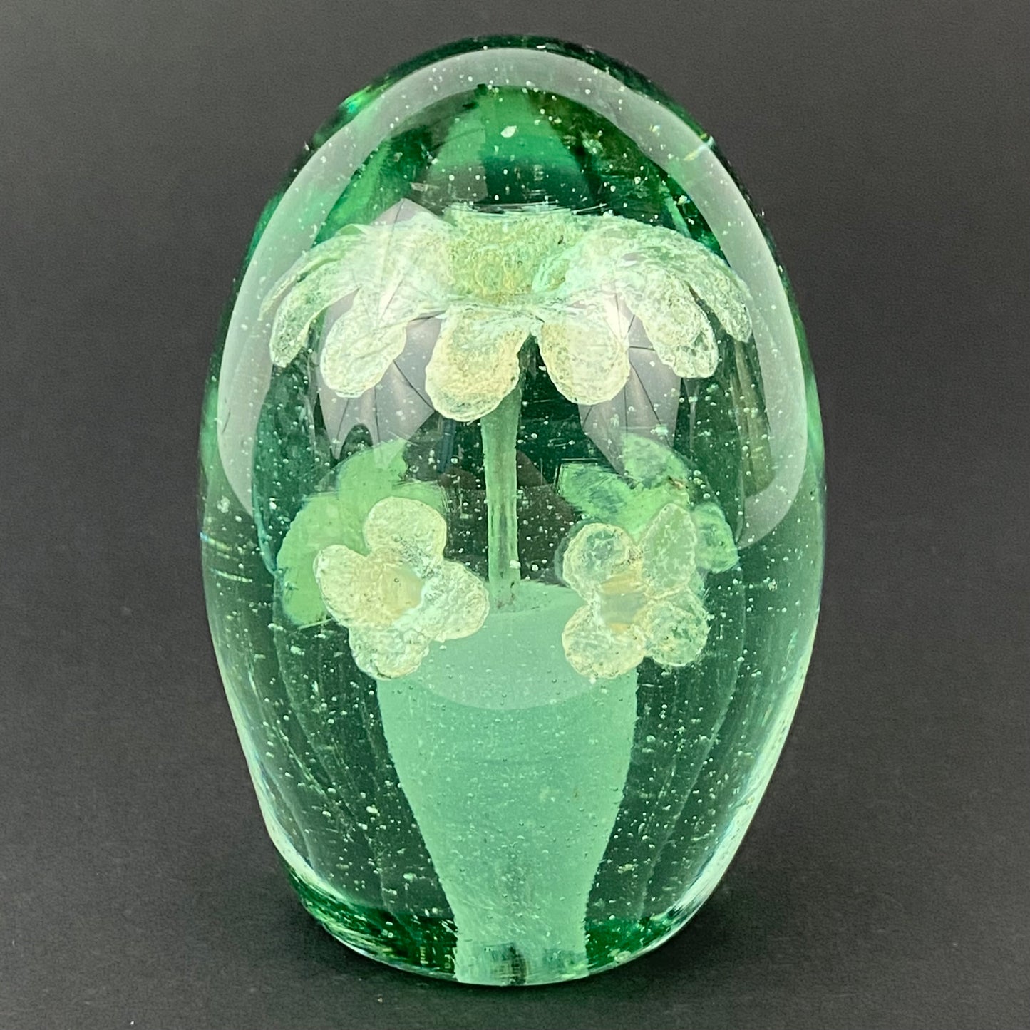 19thc Antique Victorian Dump Glass Paperweight Foil Flower Pot & Flowers