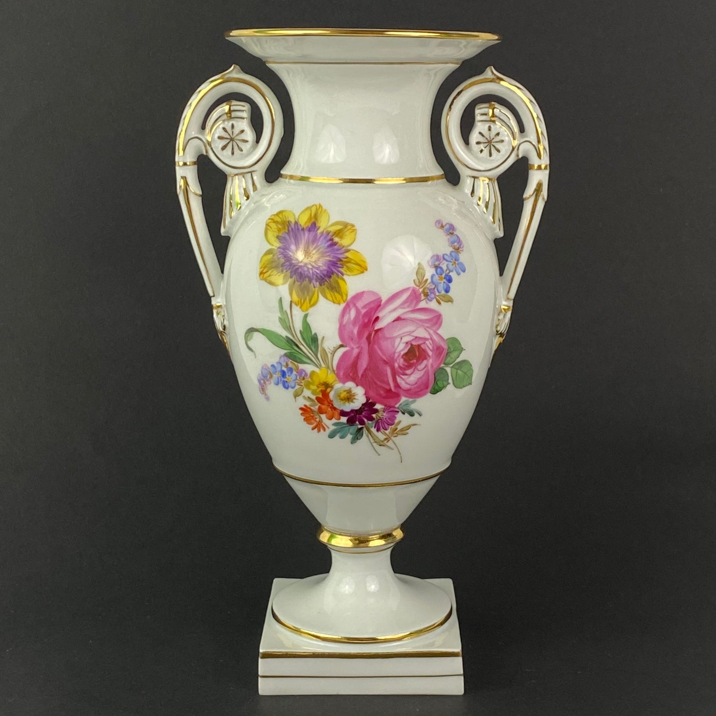 Meissen Amphora Vase Antique Urn 19thc Hand Painted Flowers #U70