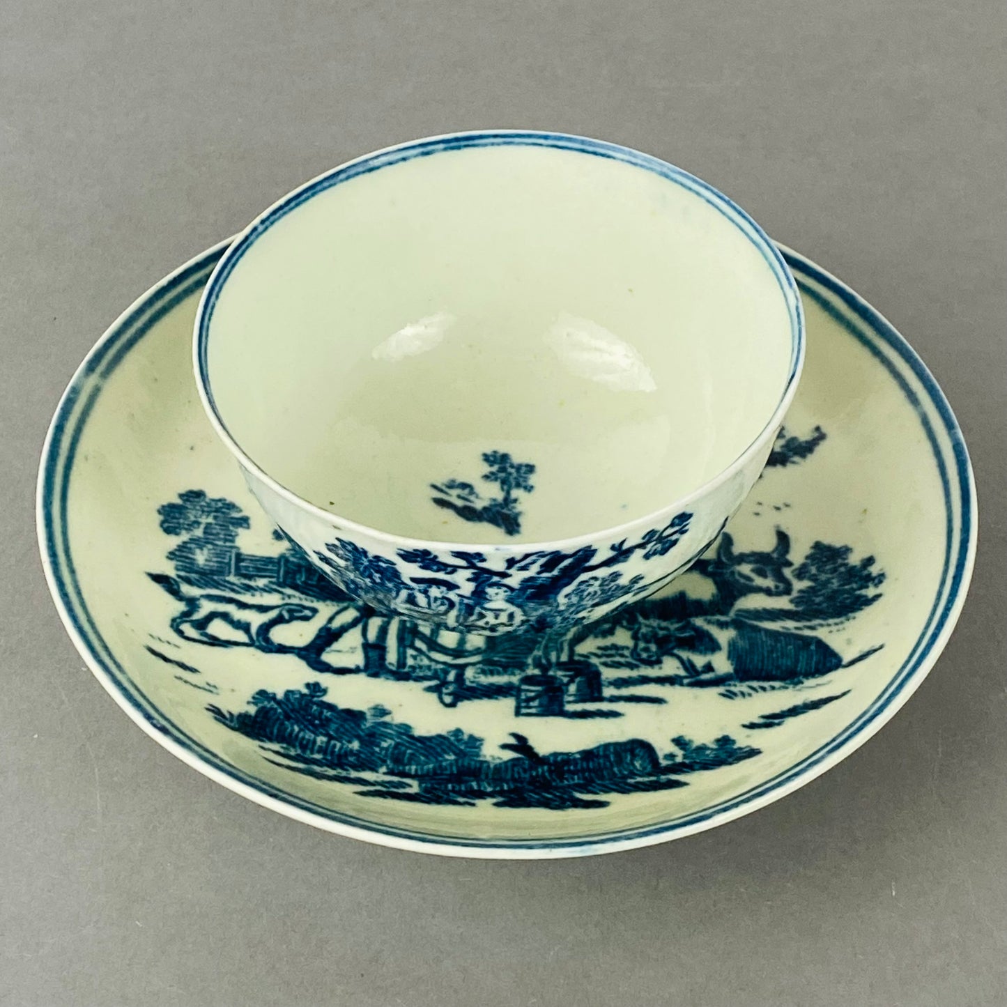 Antique Liverpool Porcelain Tea bowl Cup & Saucer Gainsborough Rural Lovers 18thc