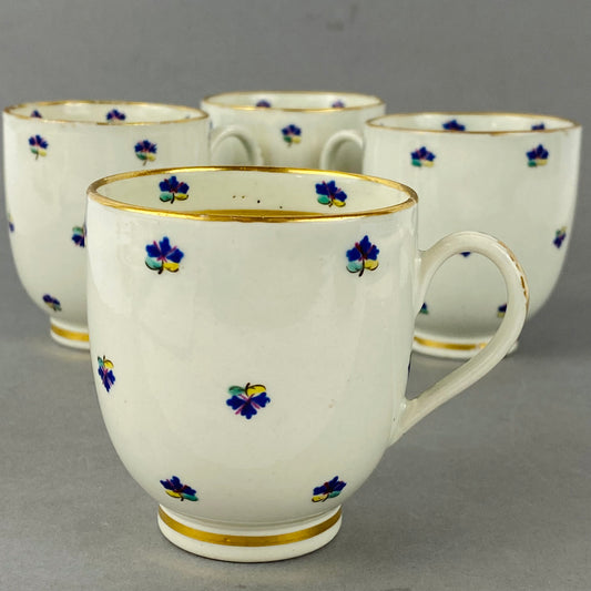 Set of 4 Caughley Cornflower Coffee Cups Gold Gilt 18thc Antique English Porcelain