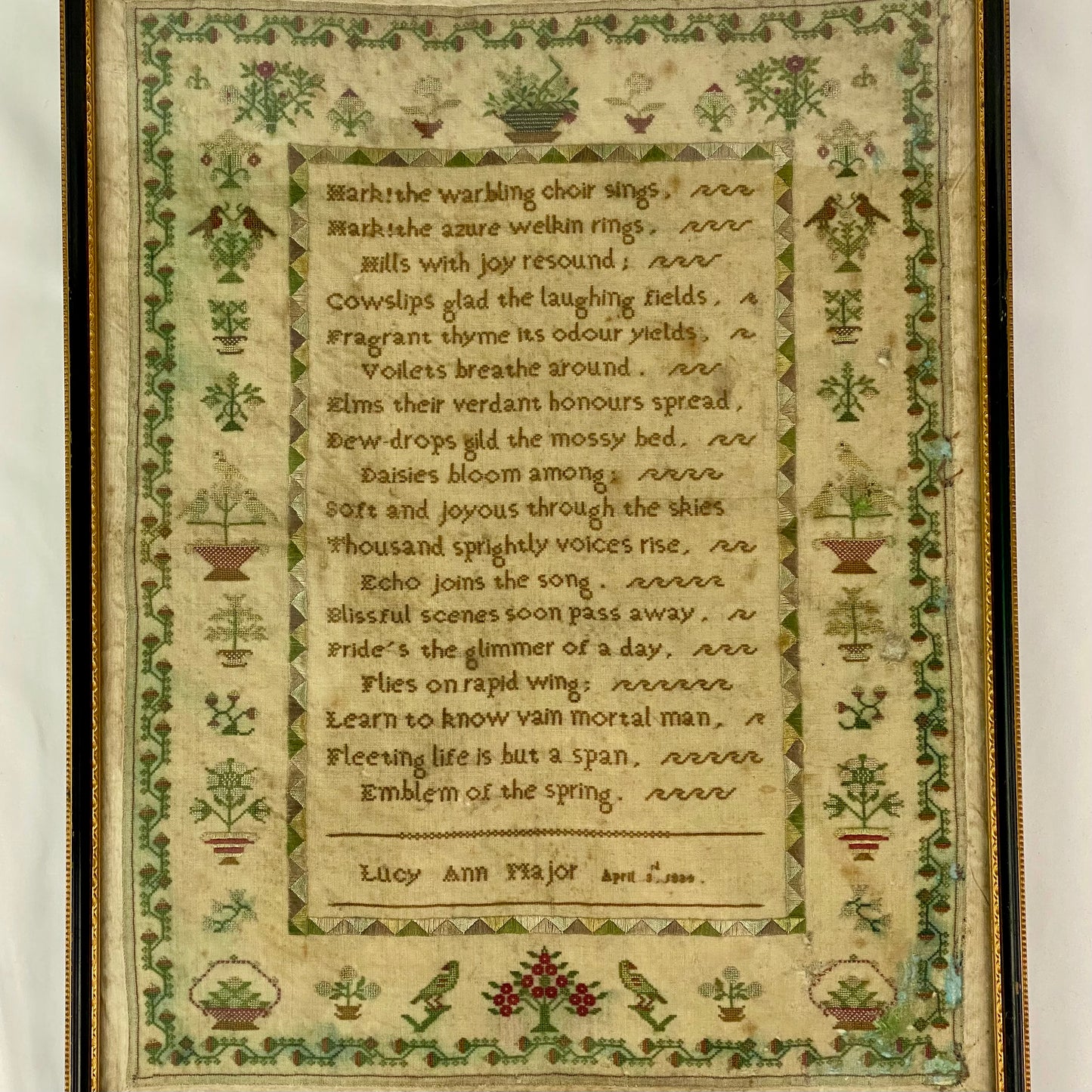 Antique Embroidery Needlework Sampler April 3rd 1834 Victorian Poetry English by Lucy Ann Major