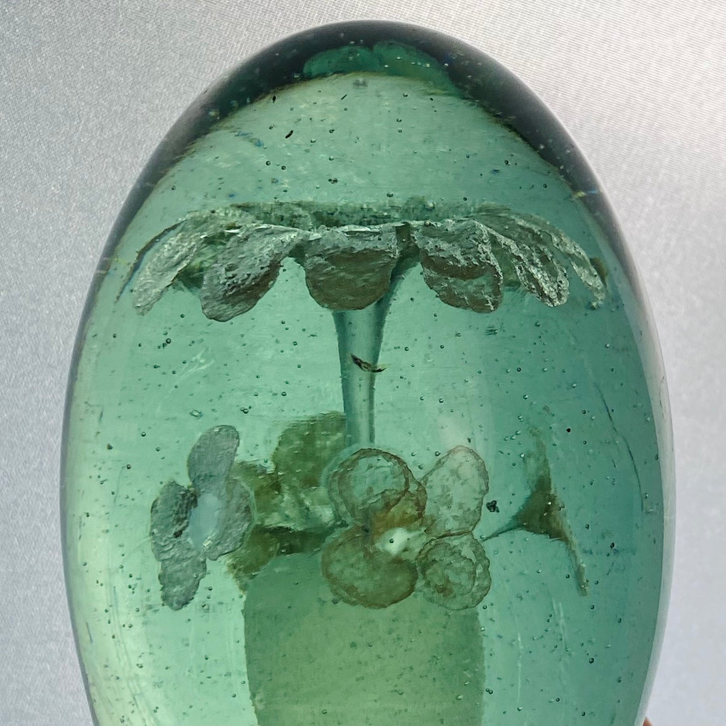 19thc Antique Victorian Dump Glass Paperweight Foil Flower Pot & Flowers