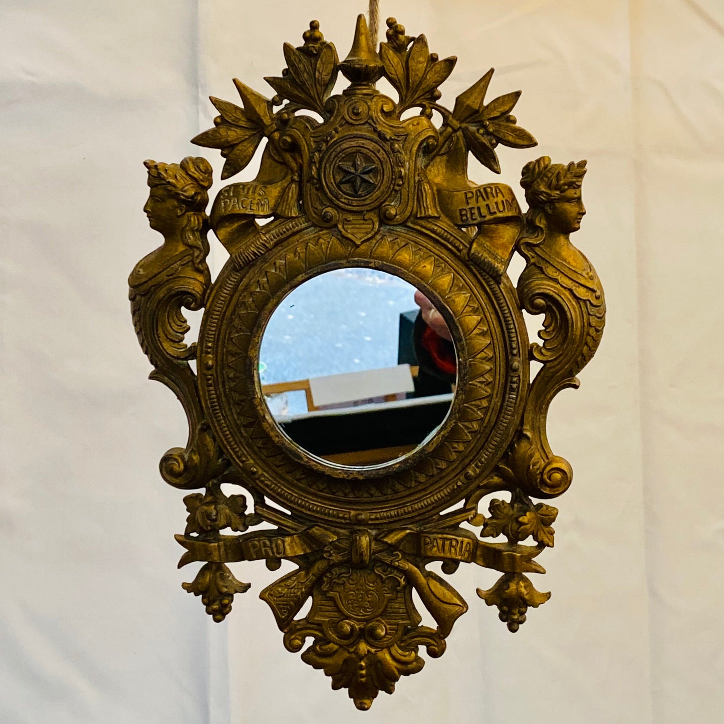 Antique French Patriotic Military Mirror Latin Motto ~ Peace & War Prepare c1870