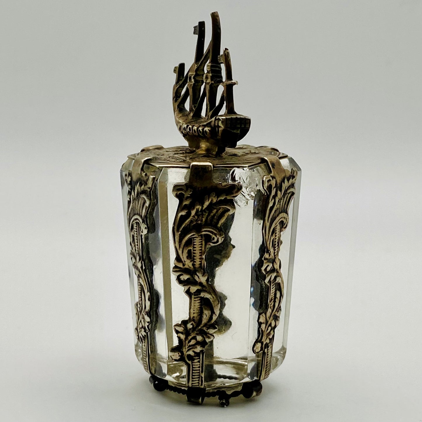 19thc Antique Dutch Silver Ship & Friendship Coin & Glass Bottle Stopper