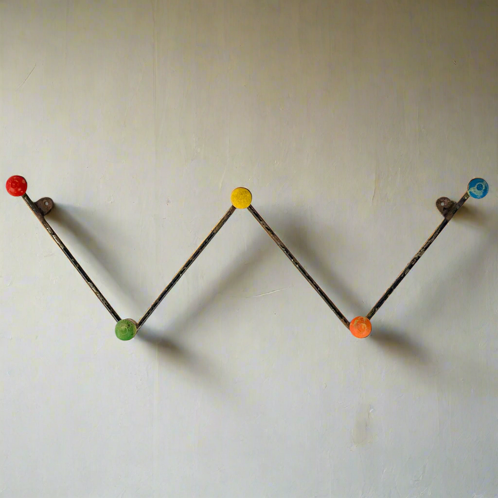 50s 60s Vintage Retro Zig Zag Atomic Sputnik Coat Hat Hooks Rack Wooden Ball