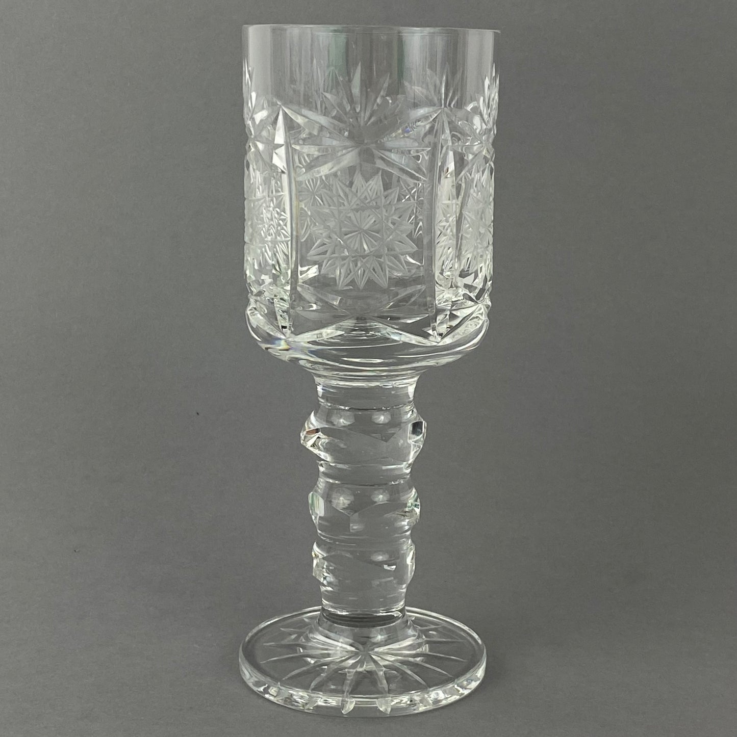 Six Chalice Glass Goblets Bohemian Cut Star & Fan Heavy VTG Hand Cut Crystal
