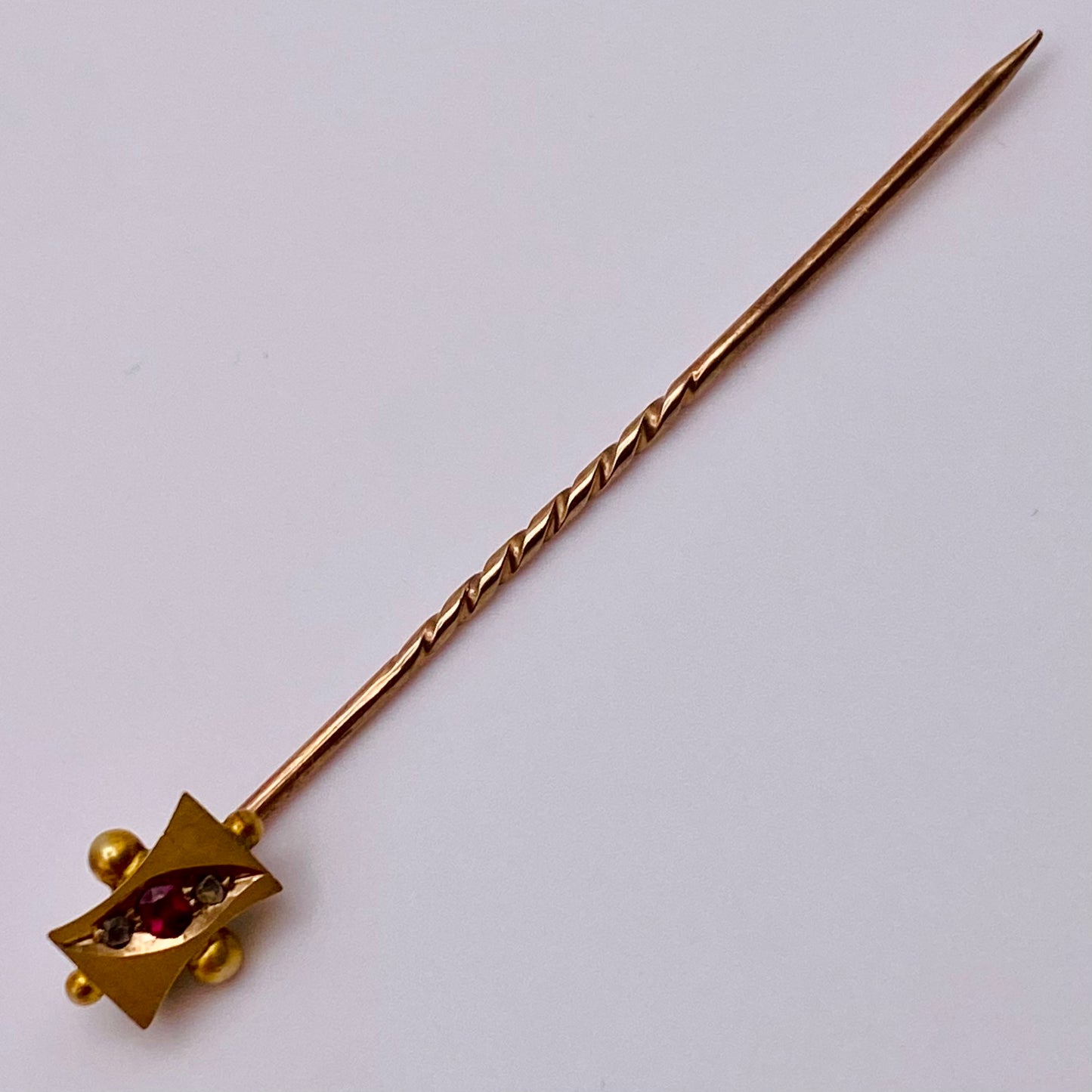 9ct Gold, Diamond & Ruby Stickpin Antique Victorian Chester Hallmarks