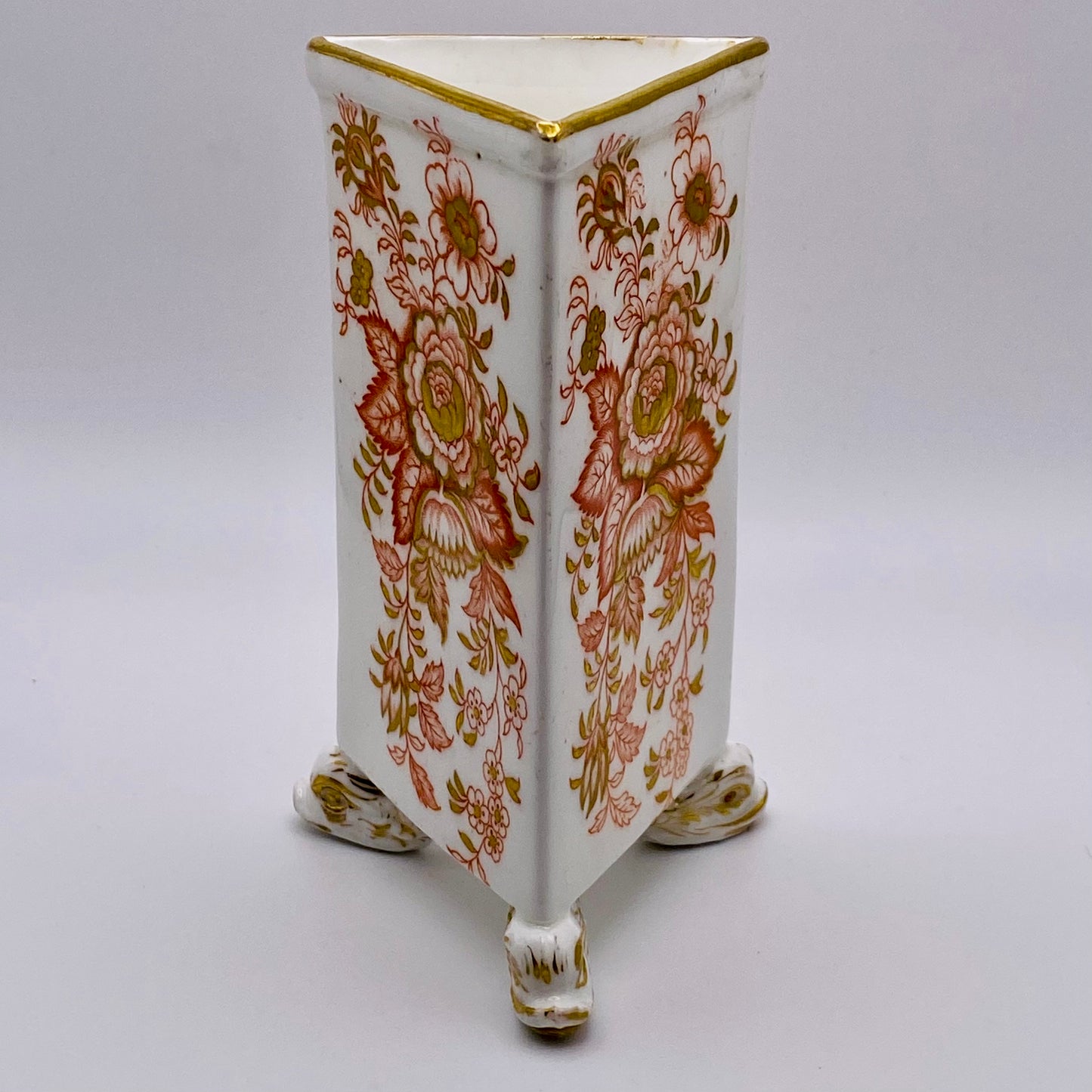 19thc Rococo Derby Porcelain Vase Triangular Form Mythical Dolphin Feet