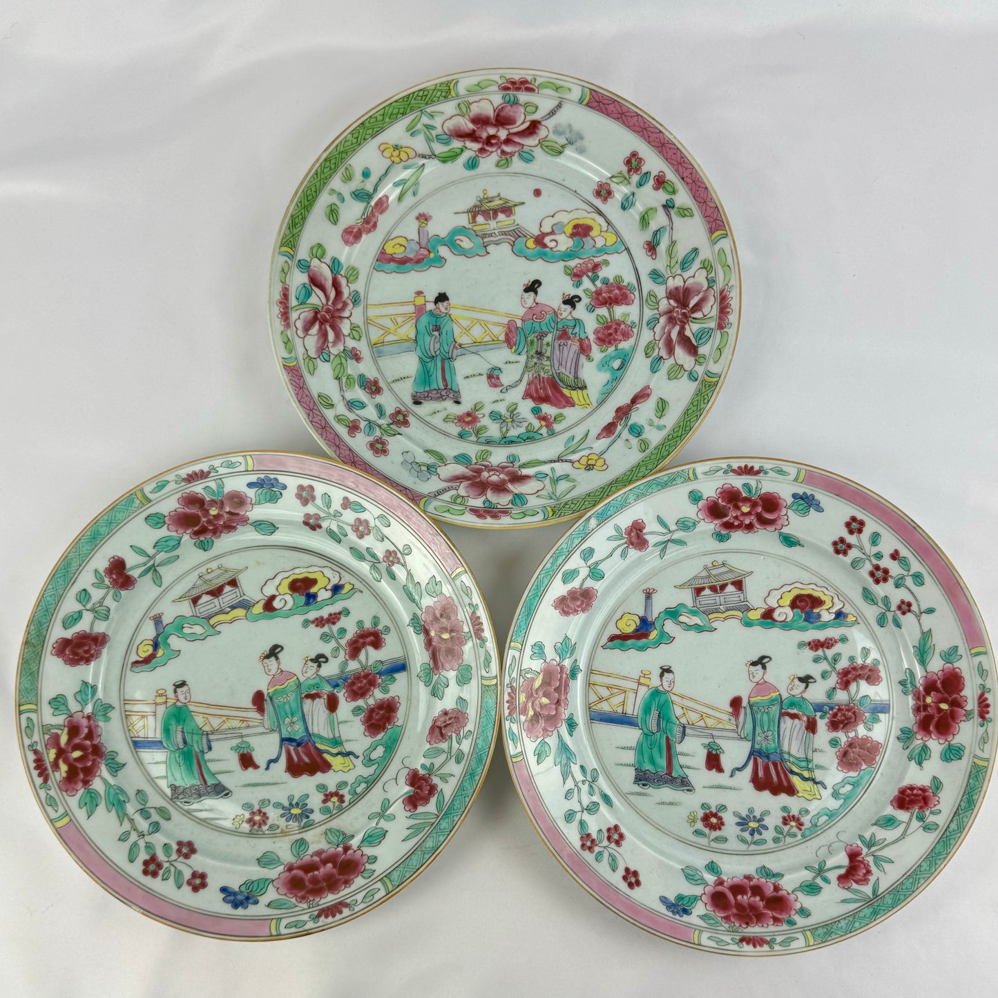 3 Qianlong Antique Chinese Plates Famille Rose The Romance of The Western Chamber